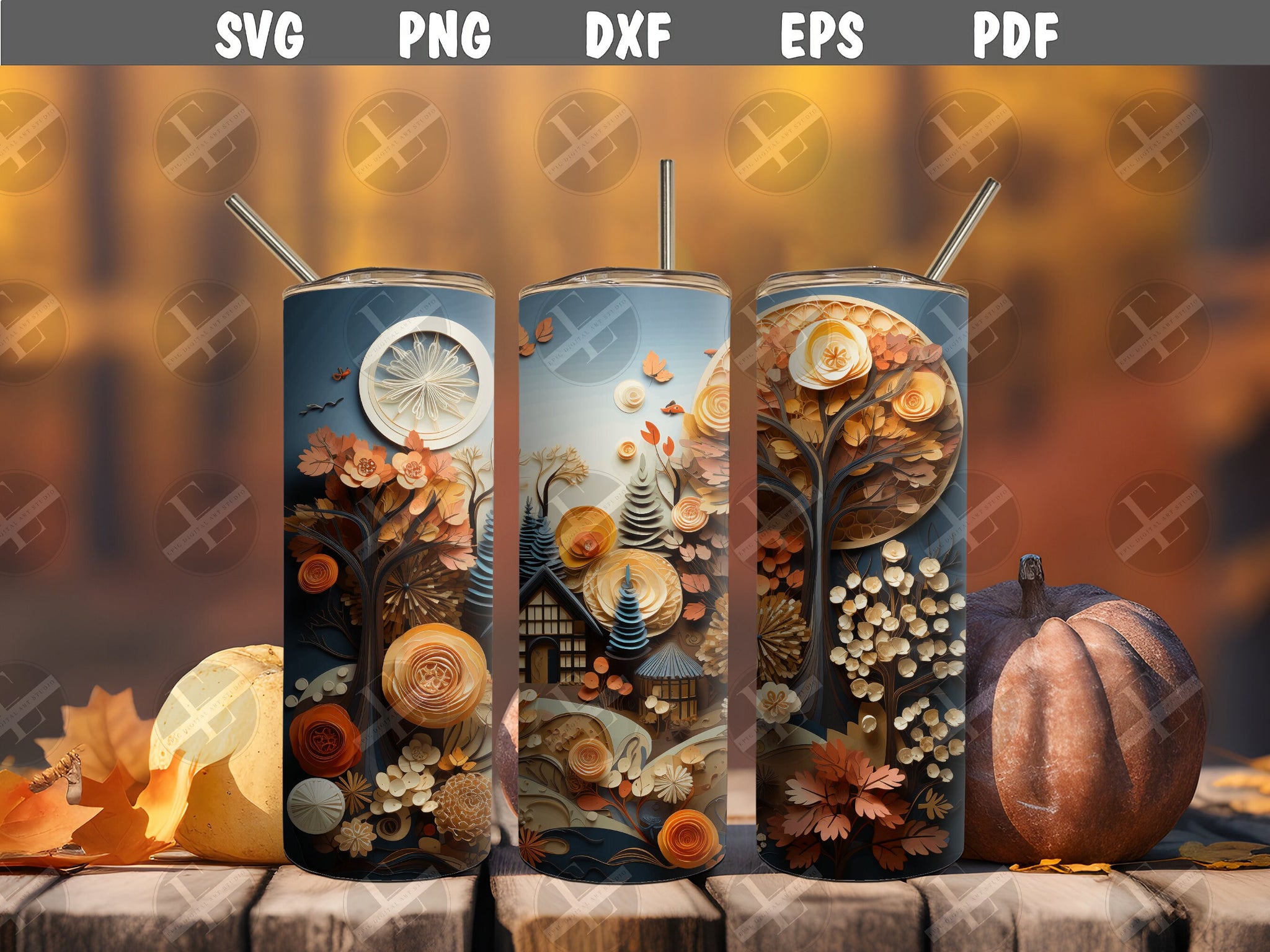 3D Tumbler Wraps - 3D Autumn Fall Cottage Skinny Tumbler Wrap Design - Tumbler Sublimation Designs Straight & Tapered - Instant Download