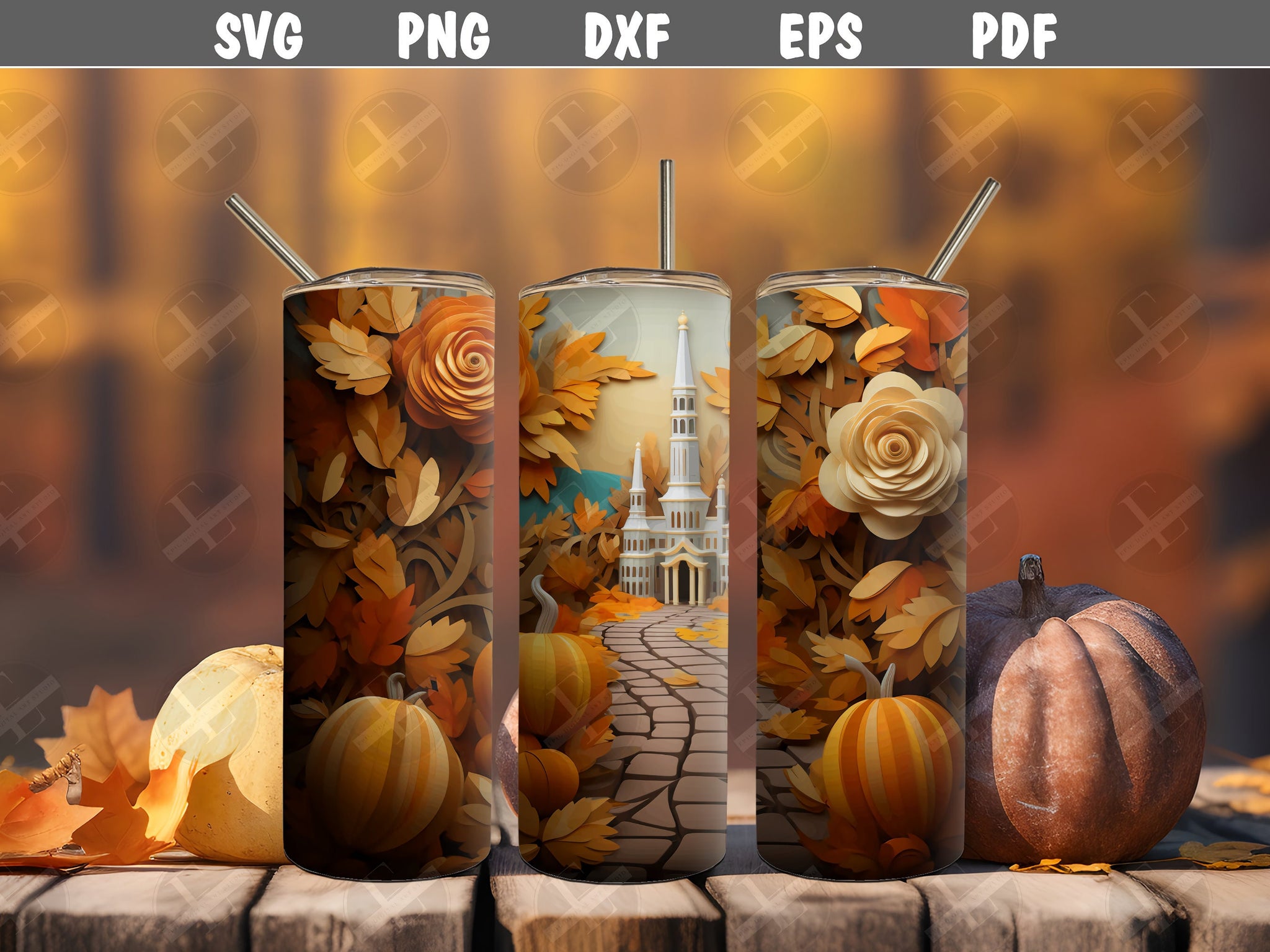 3D Tumbler Wraps - 3D Autumn Fall Town Skinny Tumbler Wrap Design - Ideal Tumbler Sublimation Designs Straight & Tapered - Instant Download