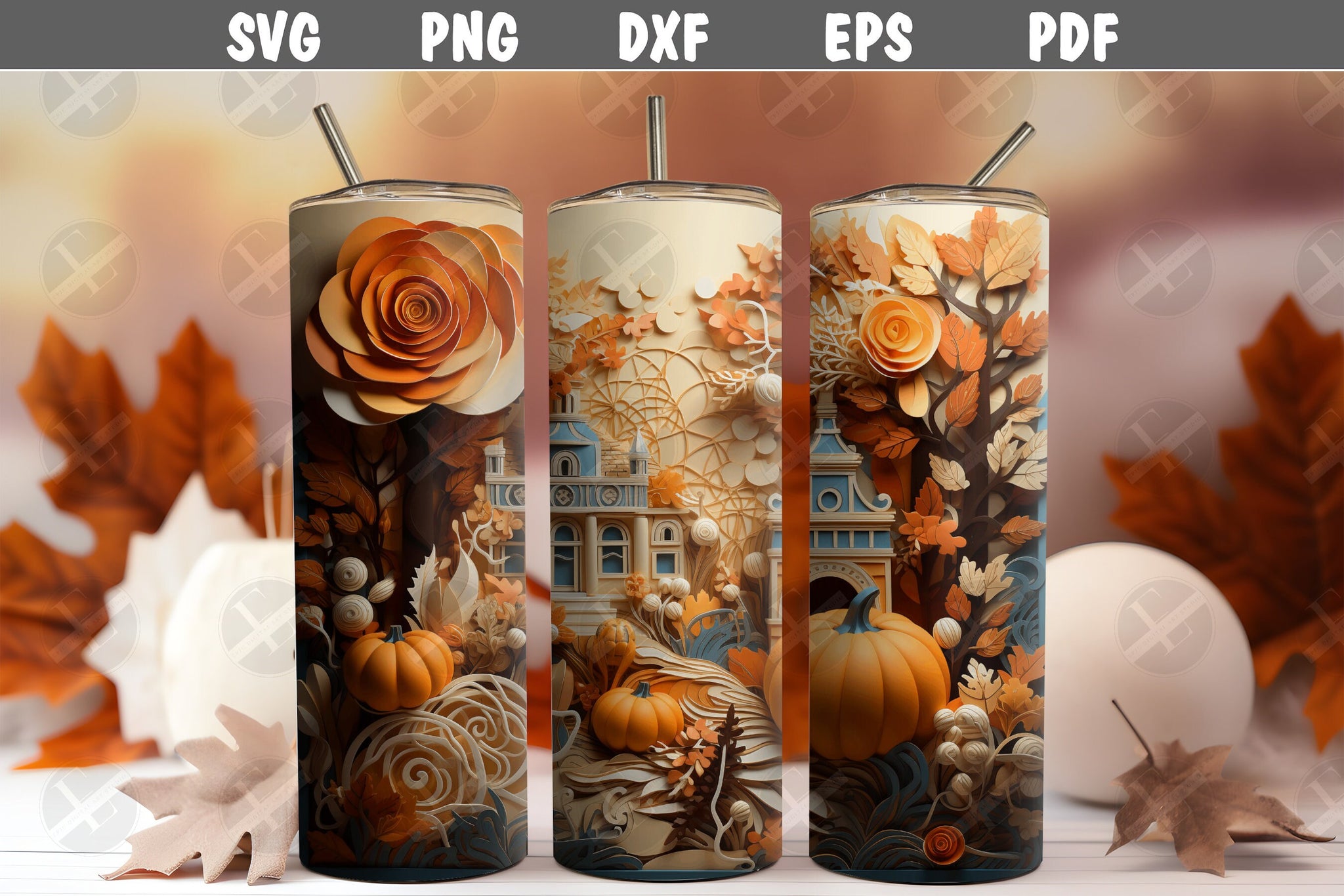 3D Tumbler Wraps - 3D Autumn Fall Scene Skinny Tumbler Wrap Design - Ideal Tumbler Sublimation Designs Straight & Tapered - Instant Download
