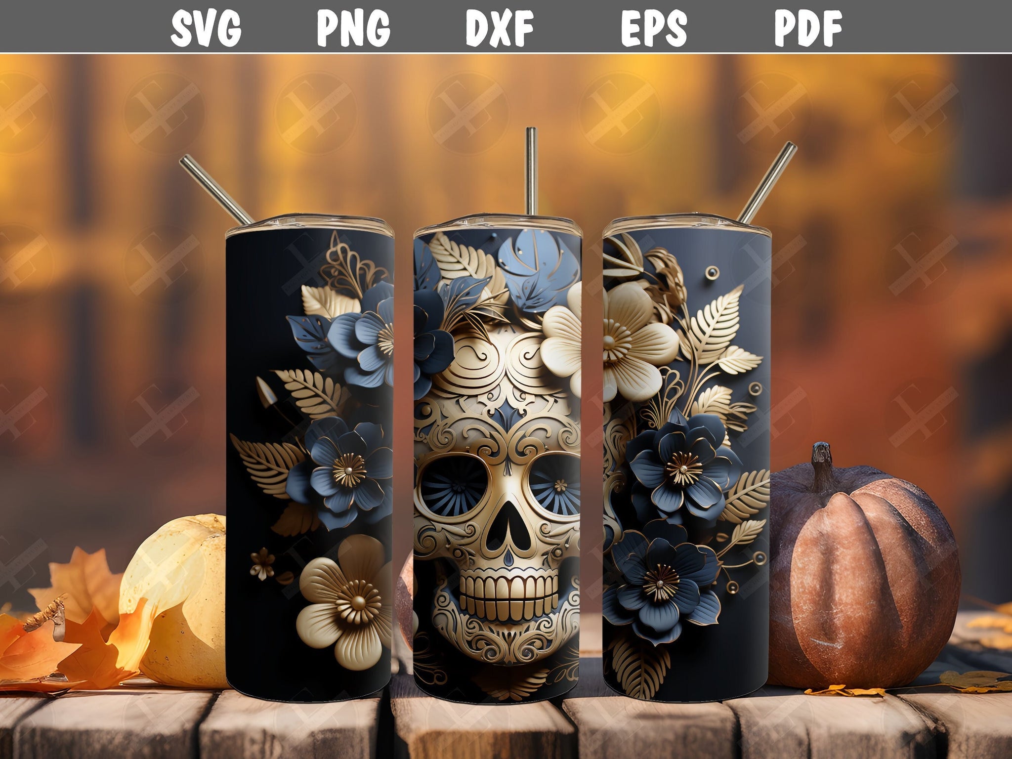 sugar skull tumbler wrap 3d design for sublimation in gold and navy blue - day of the dead sugar skull with ornate gold design - digital sugar skull -skinny tumbler sugar skull design - sugar skull sublimation svg