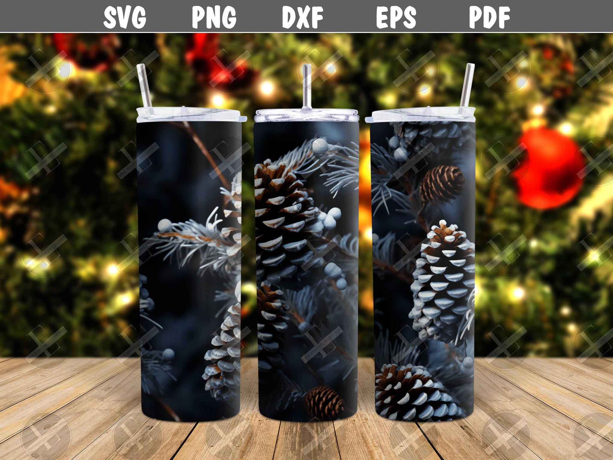 Christmas Tumbler Wraps - 3D Frosted Pine Cones Skinny Tumbler Design - Tumbler Sublimation Designs Straight & Tapered - Instant Download
