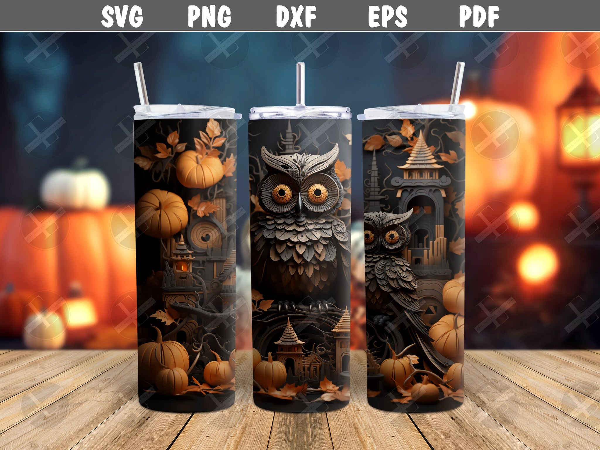 3D Autumn Halloween Owls - 3D Tumbler Wraps - Skinny Tumbler Wrap Design - Tumbler Sublimation Design Straight & Tapered - Instant Download