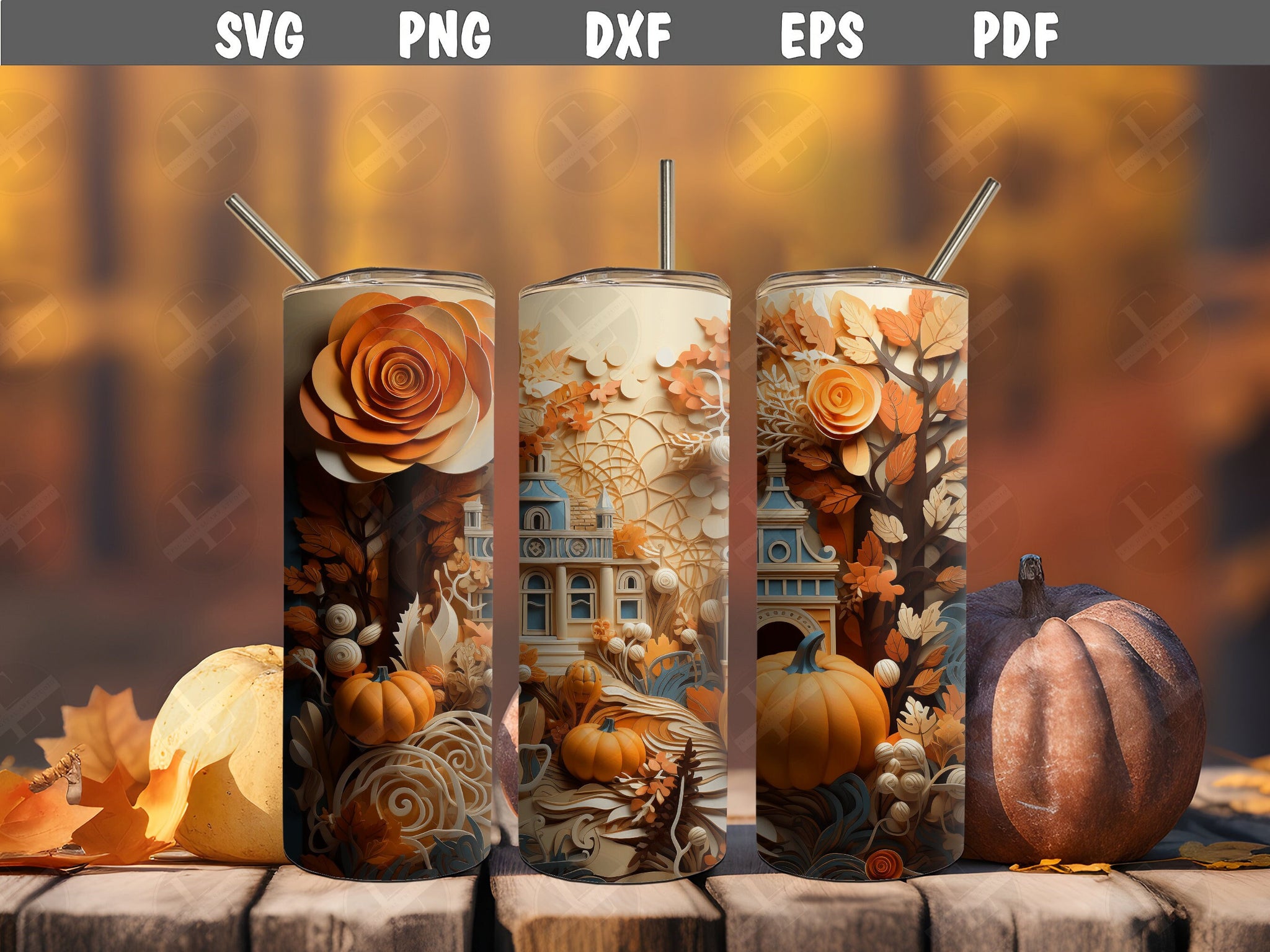 Autumn Tumbler Wraps - 3D Fall Scene Skinny Tumbler Wrap Design - Ideal Tumbler Sublimation Designs Straight & Tapered - Instant Download