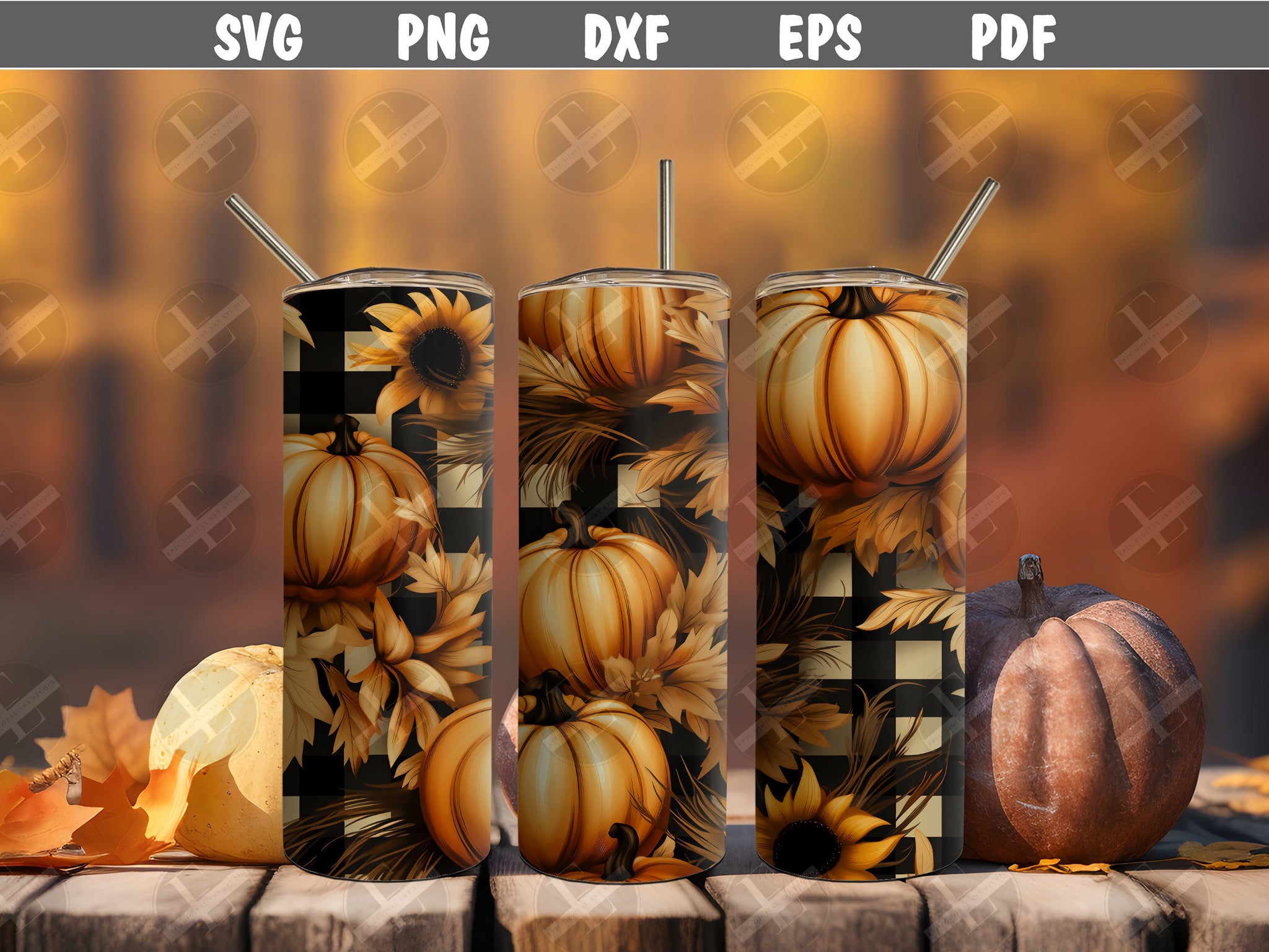 3D Tumbler Wraps - 3D Plaid Autumn Pumpkins Tumbler Wrap Design - Ideal Tumbler Sublimation Designs Straight & Tapered - Instant Download