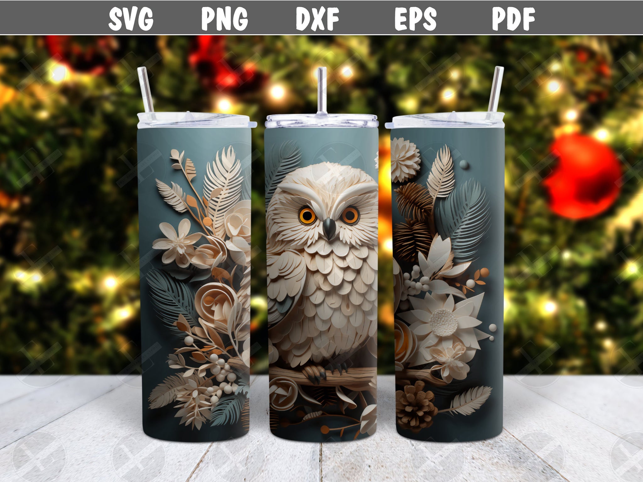 3D Winter Owl Scene Skinny Tumbler Wrap Design - 3D Tumbler Wraps - Ideal Tumbler Sublimation Designs Straight & Tapered - Instant Download