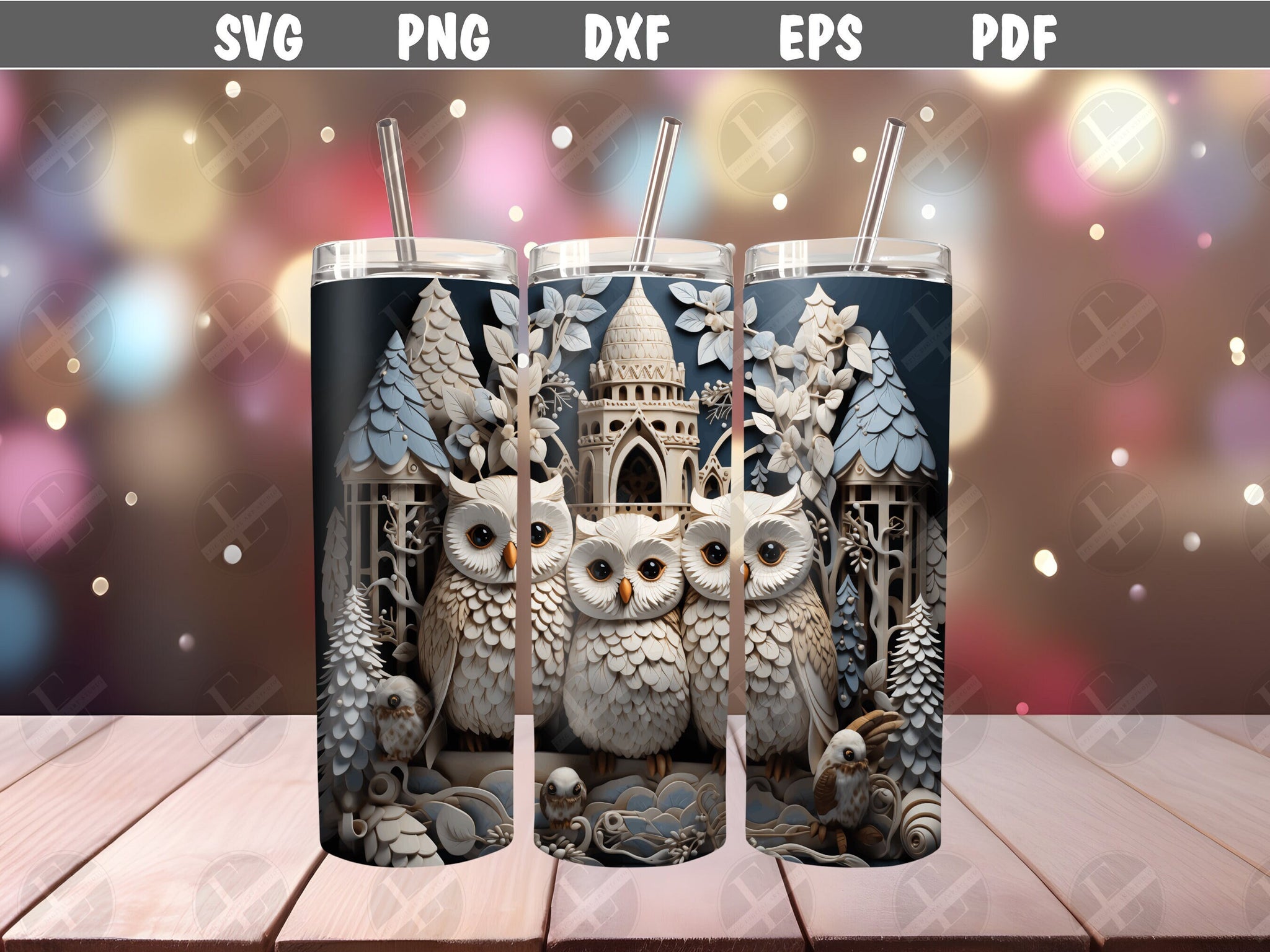 3D Winter Owl Siblings Skinny Tumbler Wrap Design - 3D Tumbler Wraps - Tumbler Sublimation Designs Straight & Tapered - Instant Download