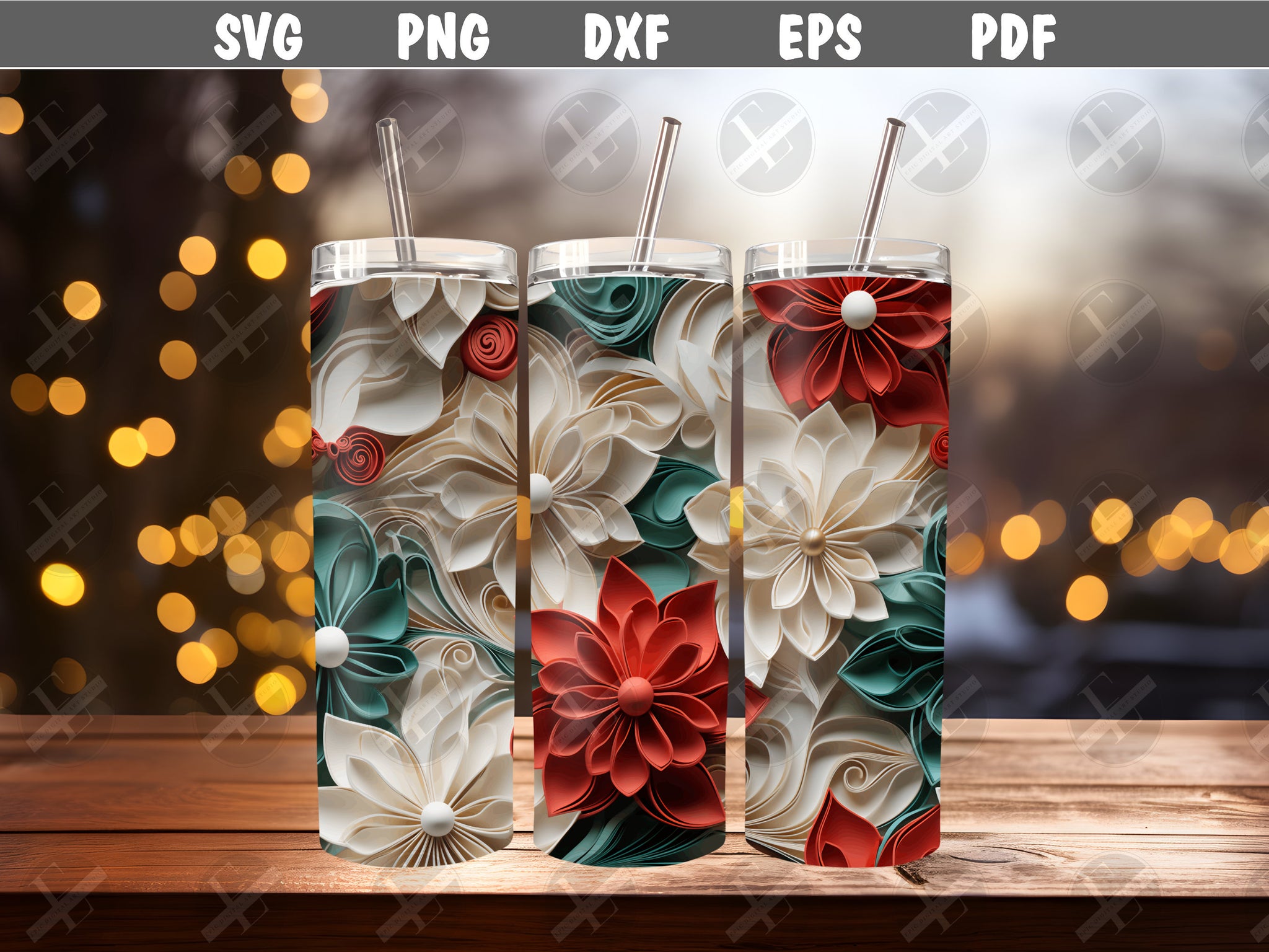 3D Winter Christmas Flowers Skinny Tumbler Design - 3d Tumbler Wraps - Tumbler Sublimation Designs Straight & Tapered - Instant Download