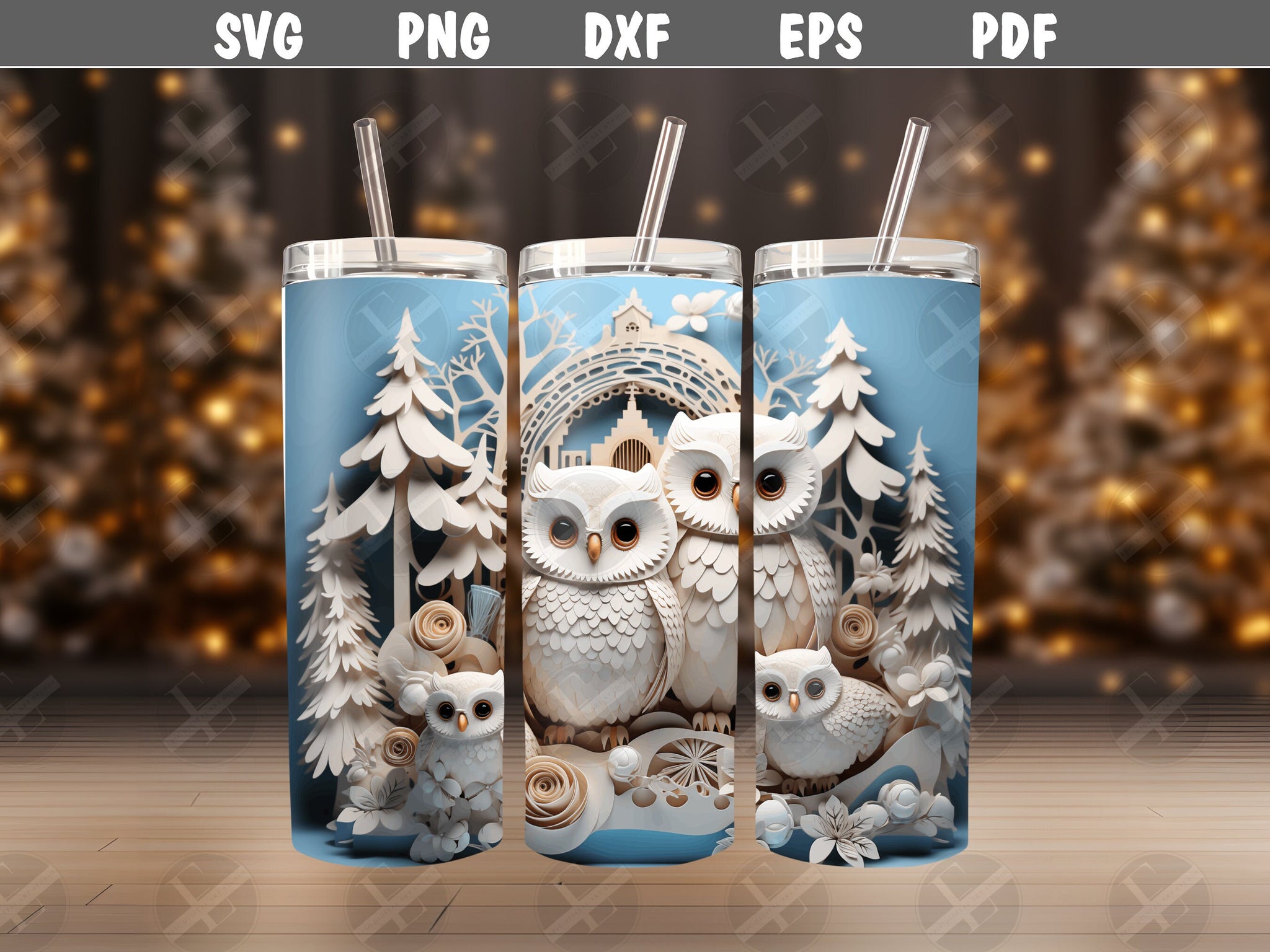 3D Winter Snowy Owl Family Skinny Tumbler Wrap Design - 3D Tumbler Wraps - Tumbler Sublimation Designs Straight & Tapered - Instant Download