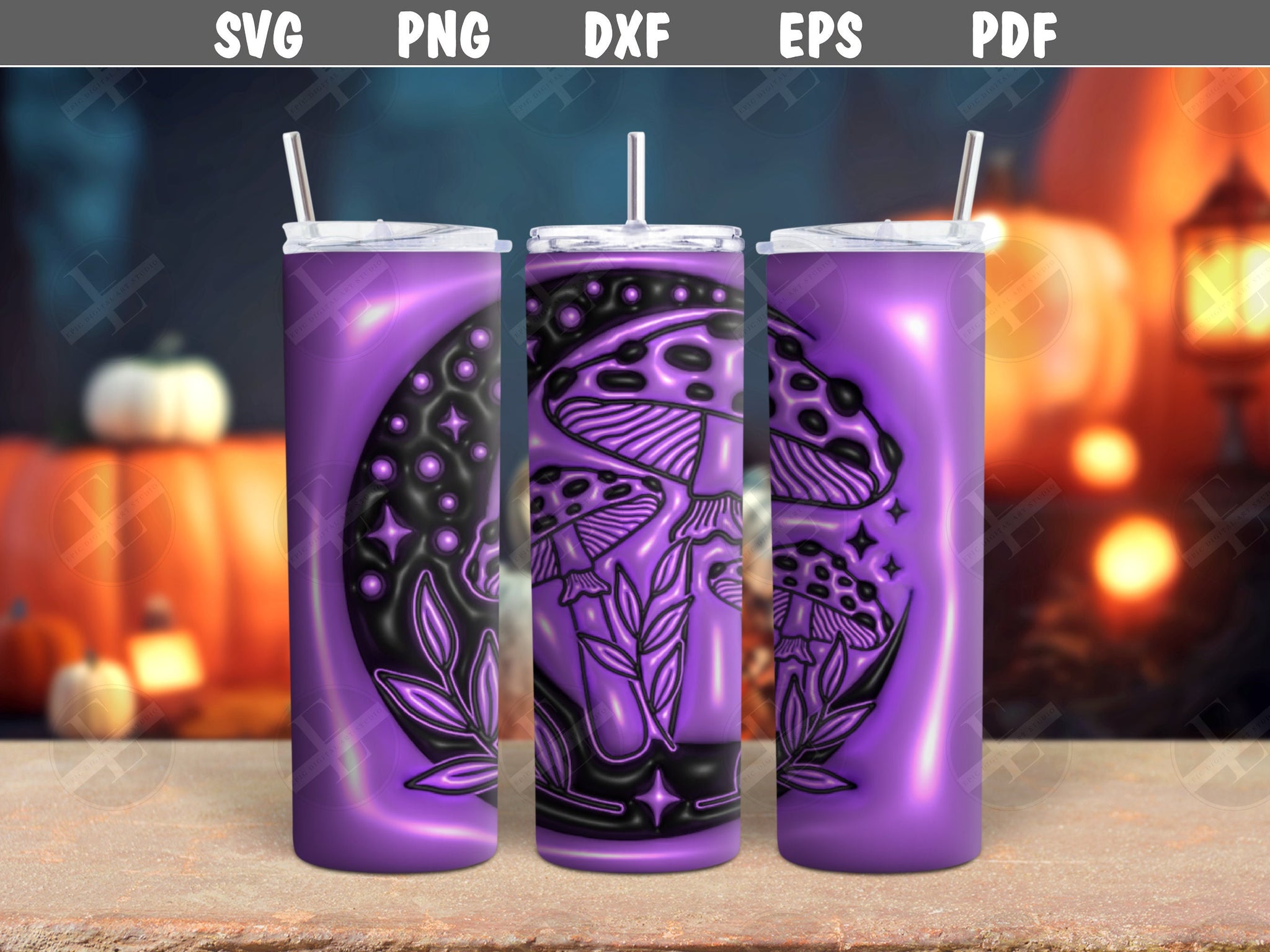 3D Inflated Puff Tumbler Wraps - 3D Moon & Mushrooms Tumbler Wrap Design - Tumbler Sublimation Designs Straight Only - Instant Download