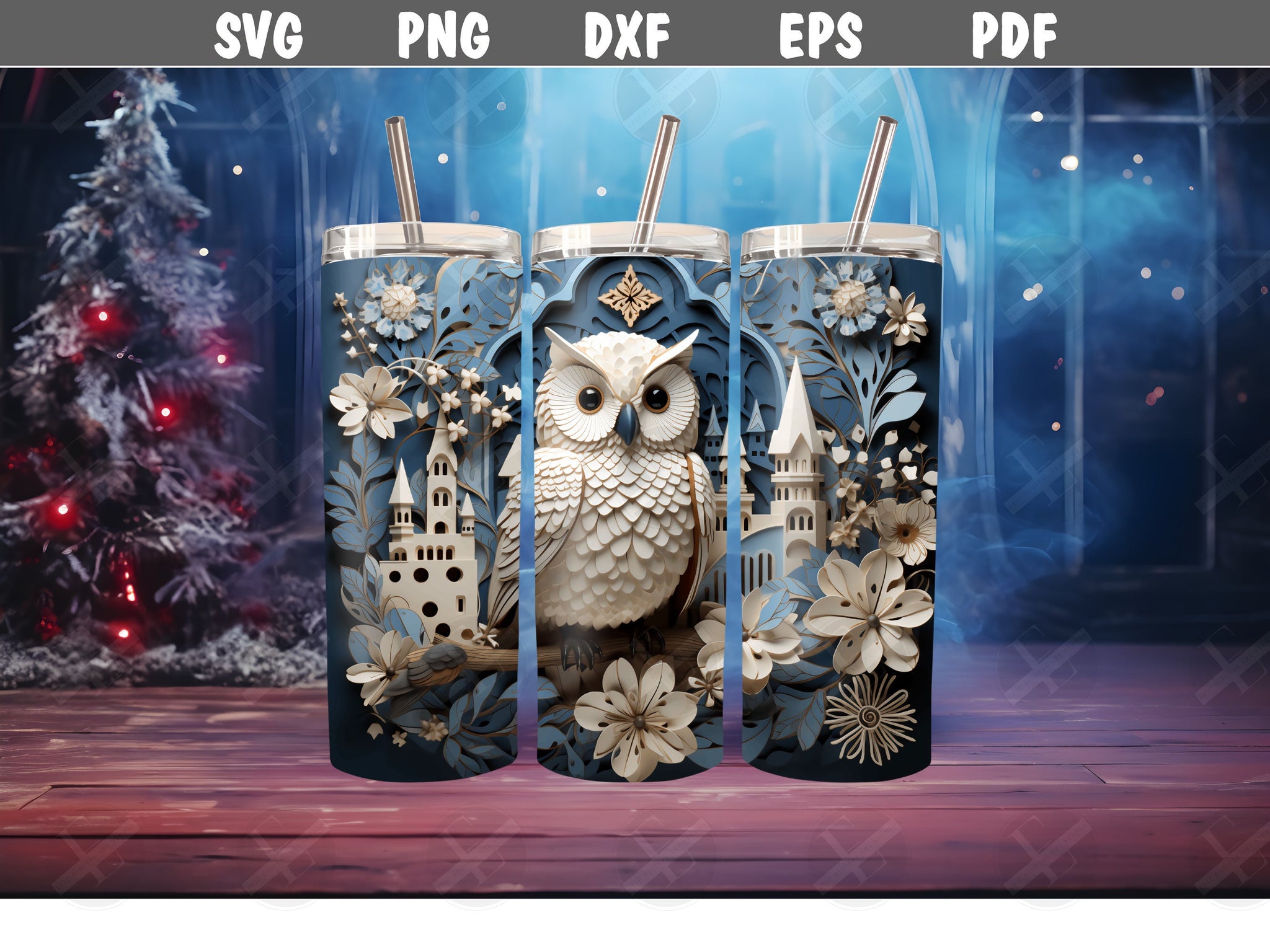 3D Winter Owl Scene Skinny Tumbler Wrap Design - 3D Tumbler Wraps - Ideal Tumbler Sublimation Designs Straight & Tapered - Instant Download