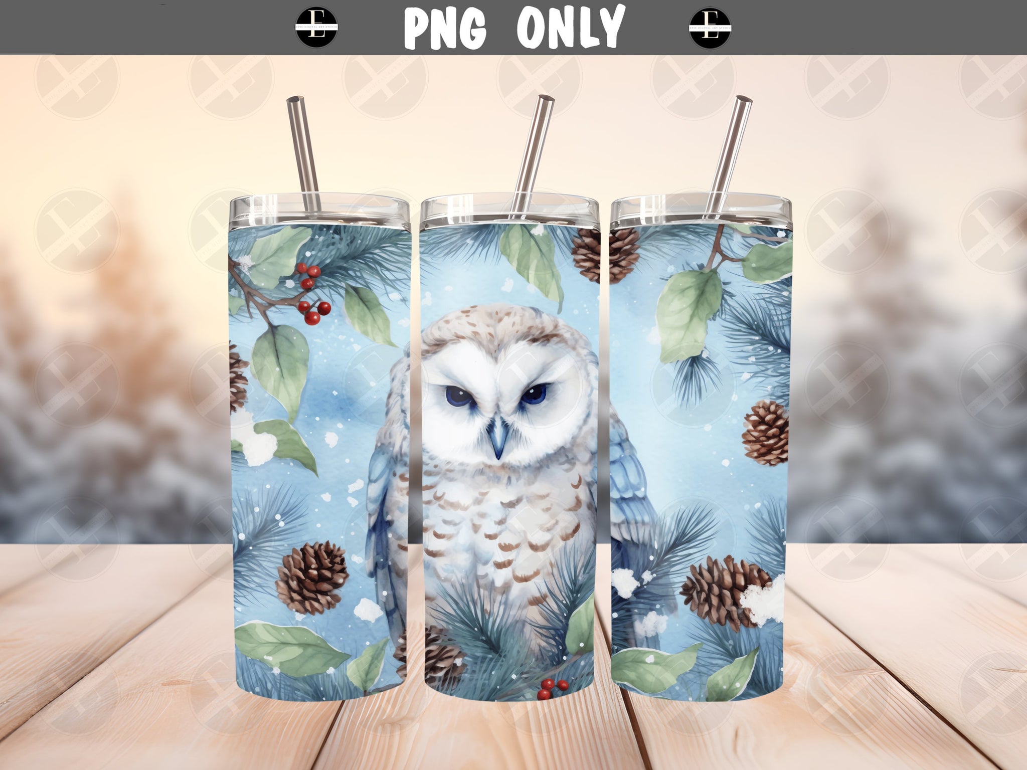 Christmas Tumbler Wraps - Winter Owl Skinny Tumbler Wrap Design - Ideal Tumbler Sublimation Designs Straight & Tapered - Instant Download