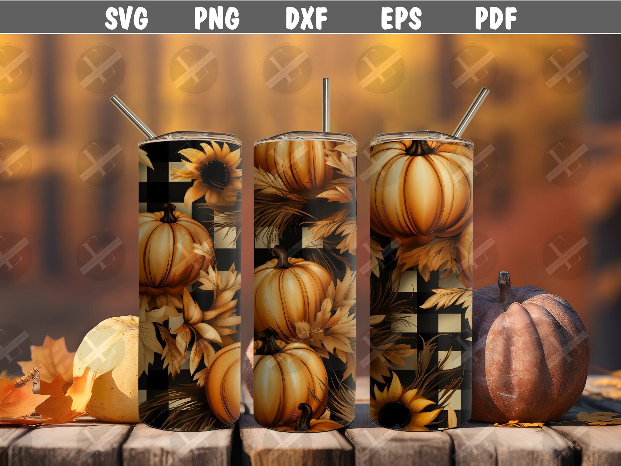 3D Plaid Autumn Pumpkins Tumbler Wrap Design - 3D Tumbler Wraps - Ideal Tumbler Sublimation Designs Straight & Tapered - Instant Download