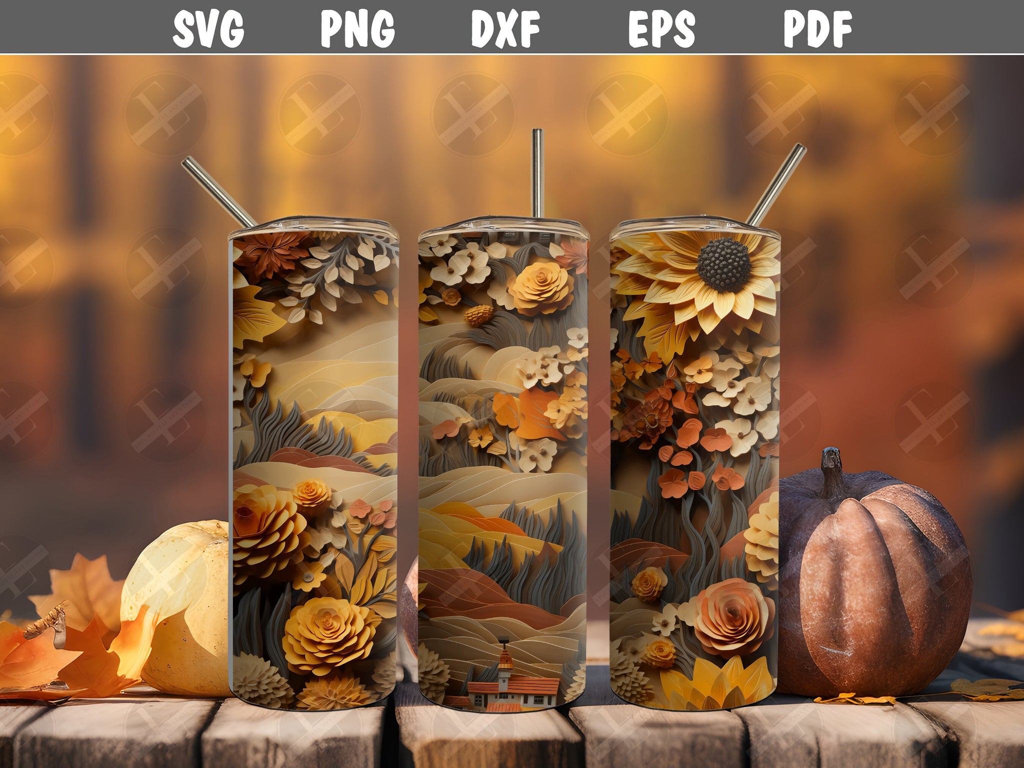 3D Tumbler Wraps - 3D Fall Country Scene Skinny Tumbler Wrap Design - Tumbler Sublimation Designs Straight & Tapered - Instant Download