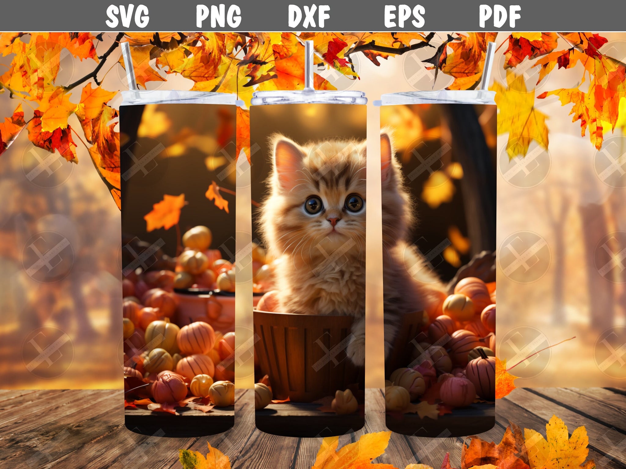 3D Tumbler Wraps - 3D Autumn Cute Kitten Fall Cat Tumbler Wrap Design - Tumbler Sublimation Design Straight & Tapered - Instant Download