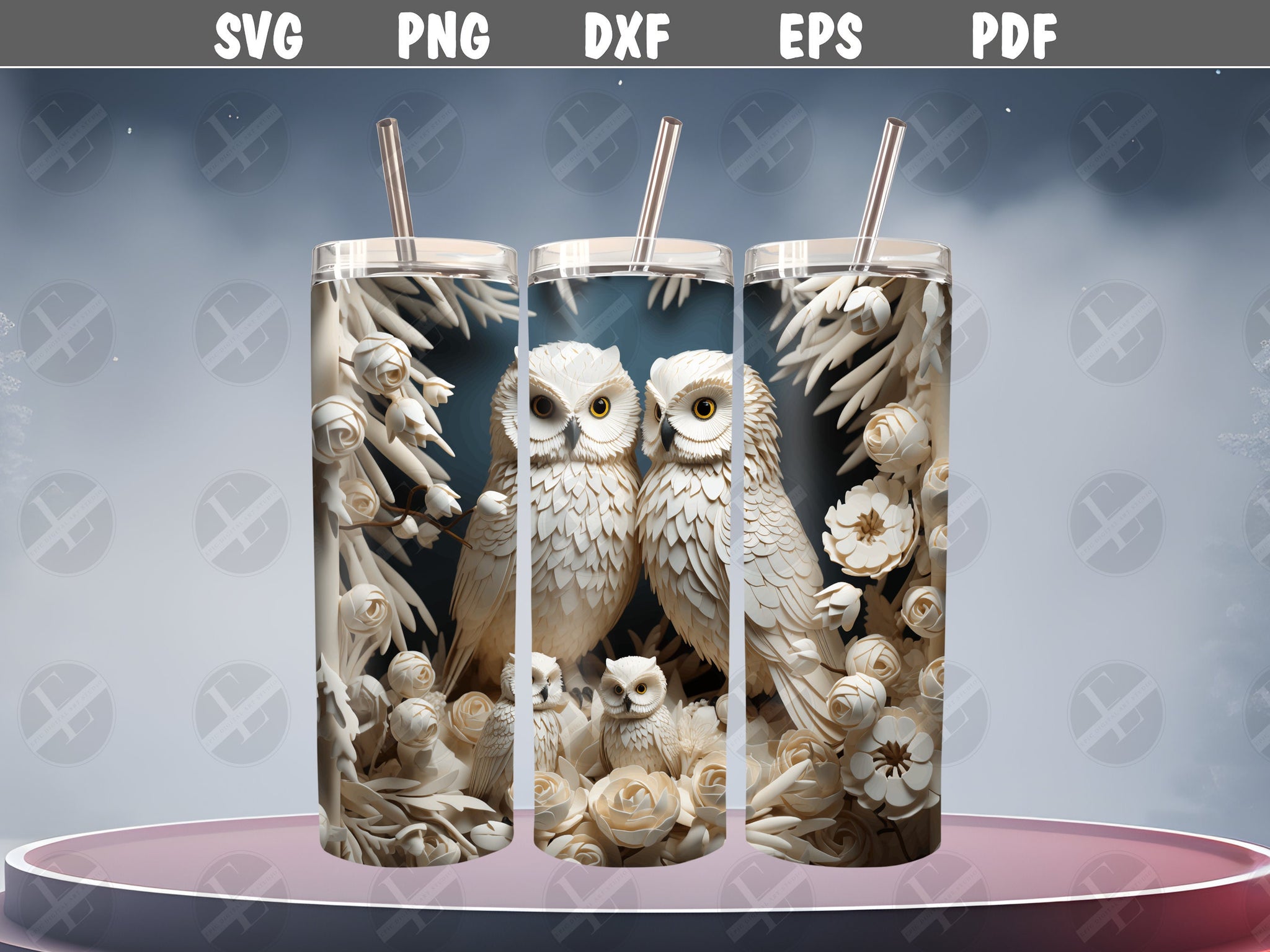 3D Tumbler Wraps - 3D Winter Owl Family Skinny Tumbler Wrap Design - Tumbler Sublimation Designs Straight & Tapered - Instant Download