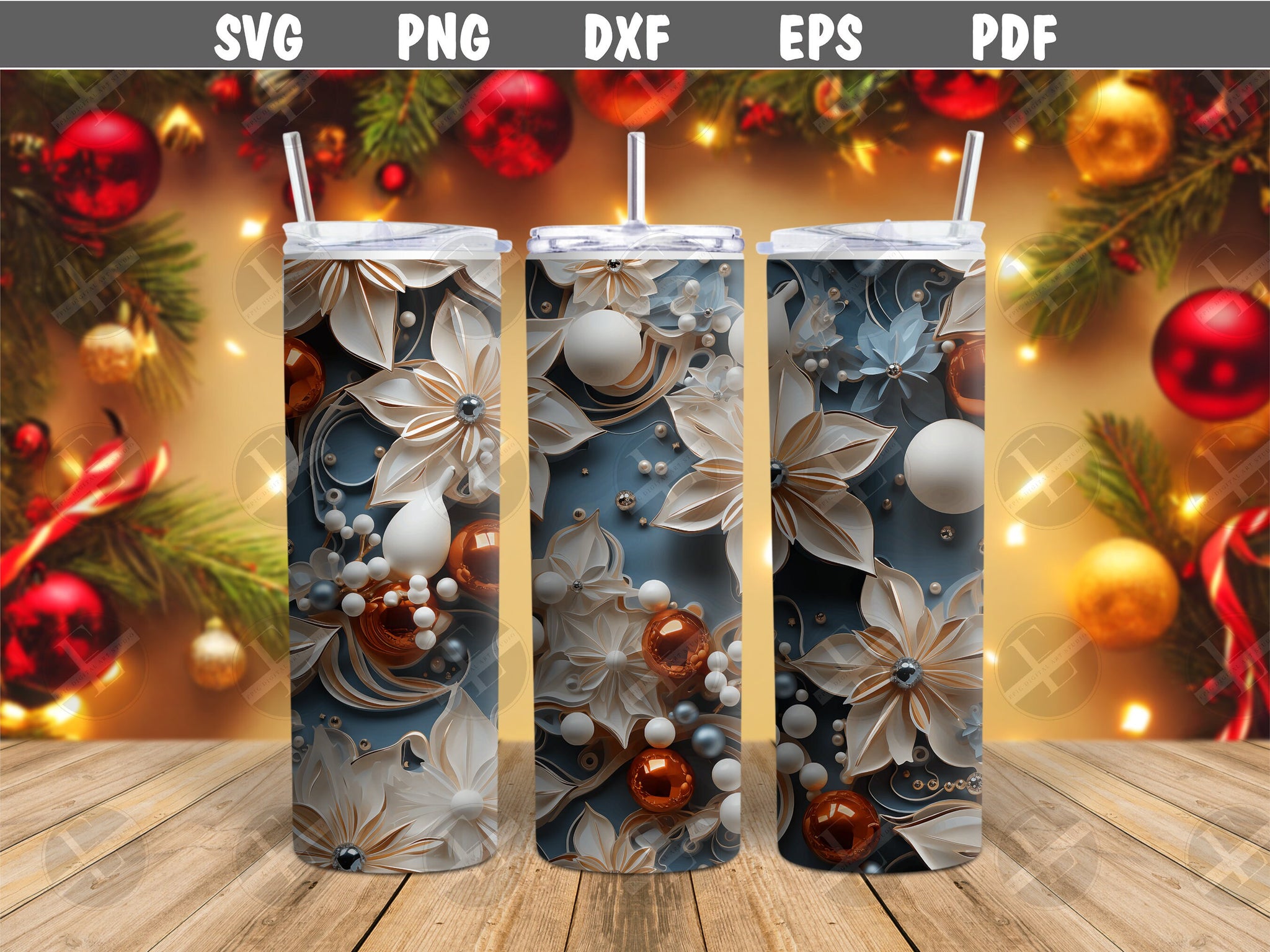 3D Winter Christmas Flowers Skinny Tumbler Design - 3d Tumbler Wraps - Tumbler Sublimation Designs Straight & Tapered - Instant Download