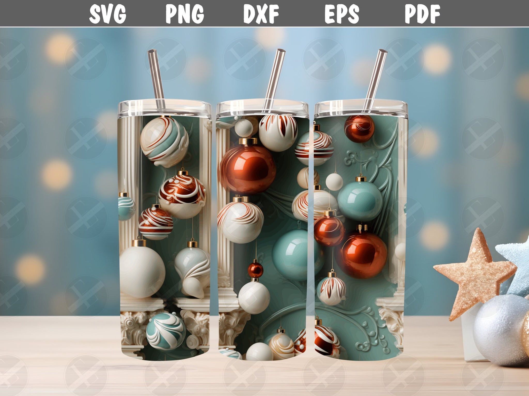3D Winter Christmas Ornaments Skinny Tumbler Design - 3d Tumbler Wraps - Tumbler Sublimation Designs Straight & Tapered - Instant Download