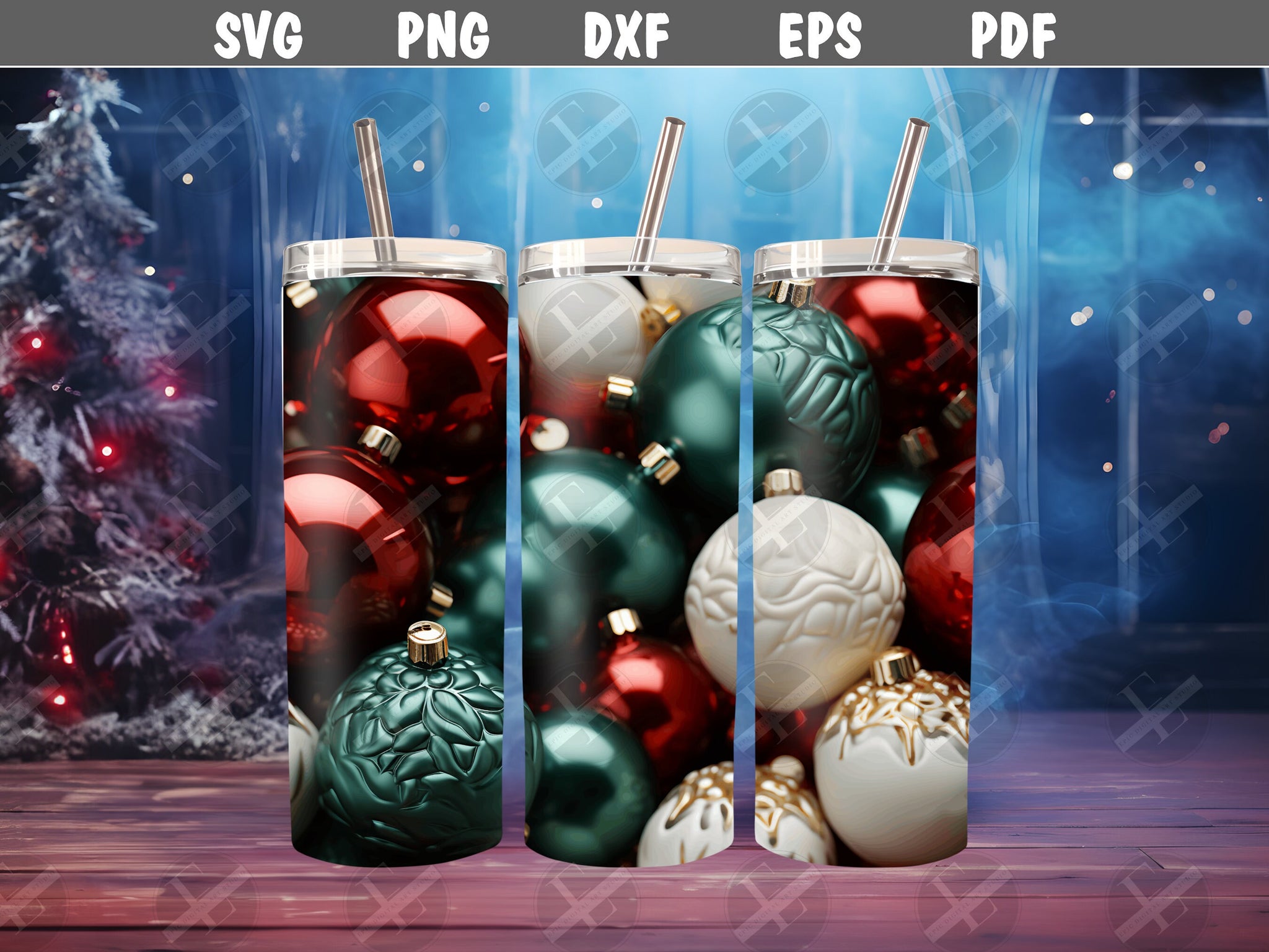 3D Christmas Ornaments Skinny Tumbler Design - 3d Tumbler Wraps - Tumbler Sublimation Designs Straight & Tapered - Instant Download