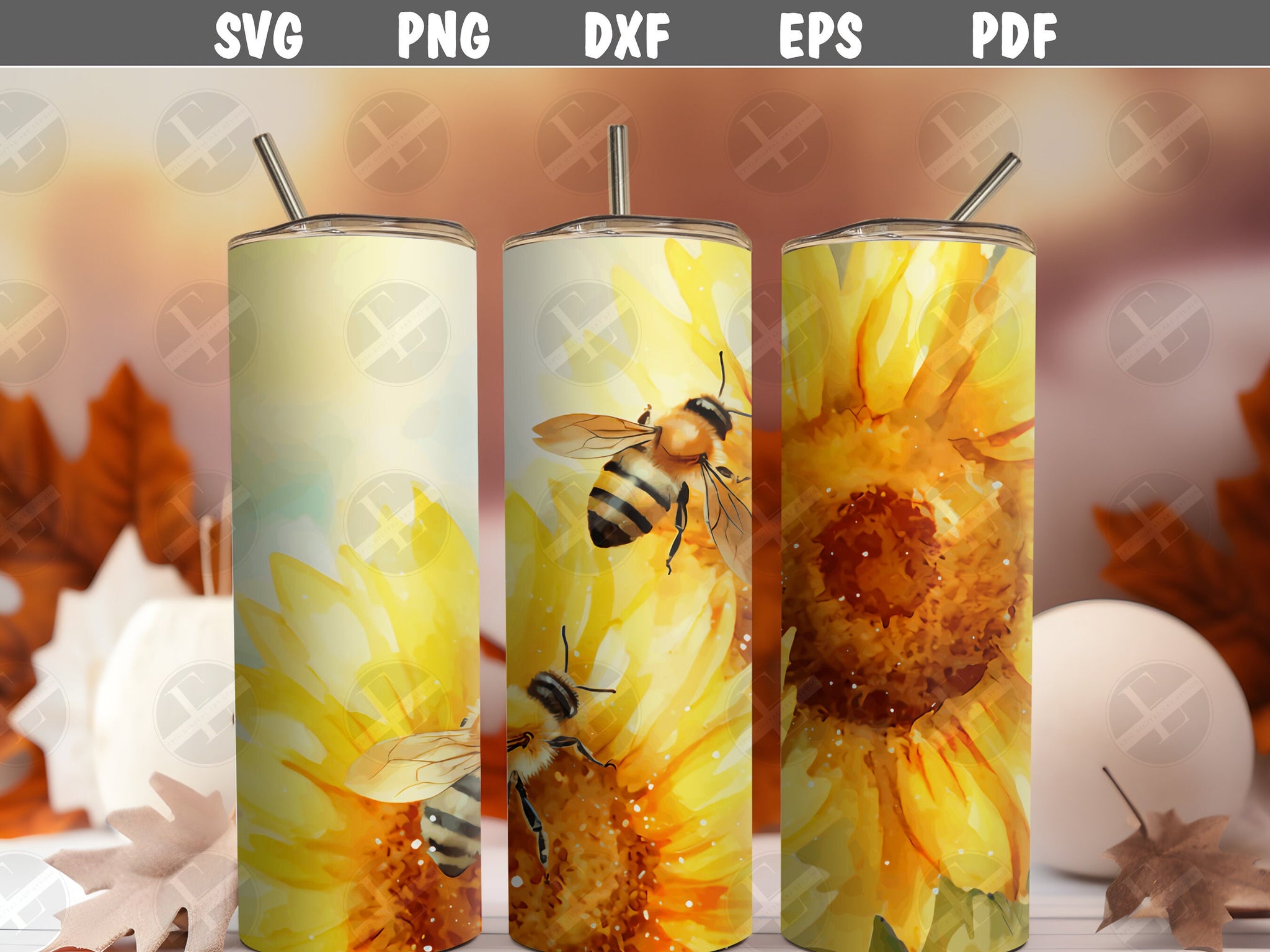 Sunflowers and Bees Tumbler Wrap - Watercolor Skinny Tumbler Wrap Design - Tumbler Sublimation Designs Straight & Tapered - Instant Download