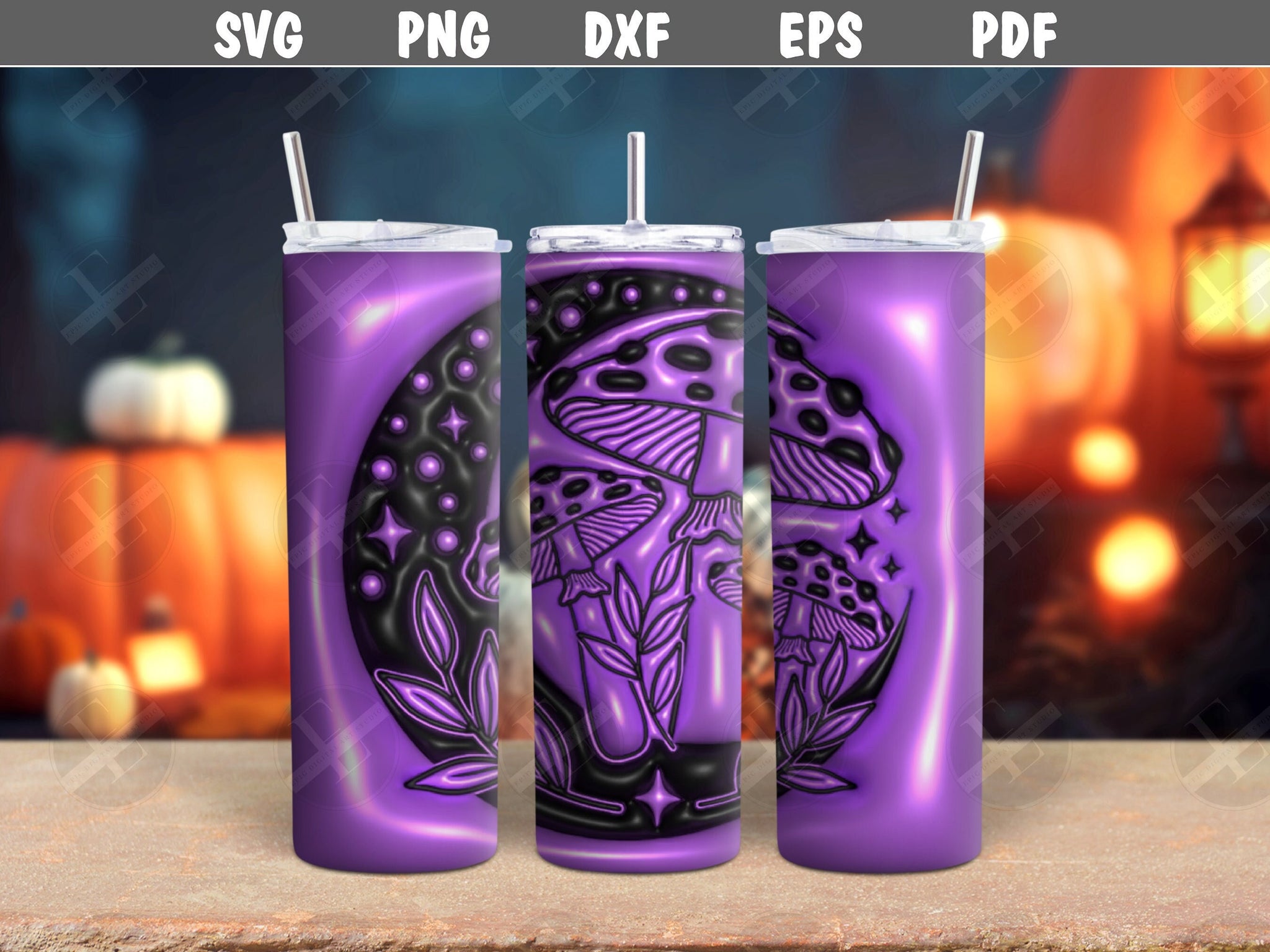 3d inflated puff crescent moon and mushrooms halloween witch purple tumlber wrap for sublimation skinny tumbler 20 oz
