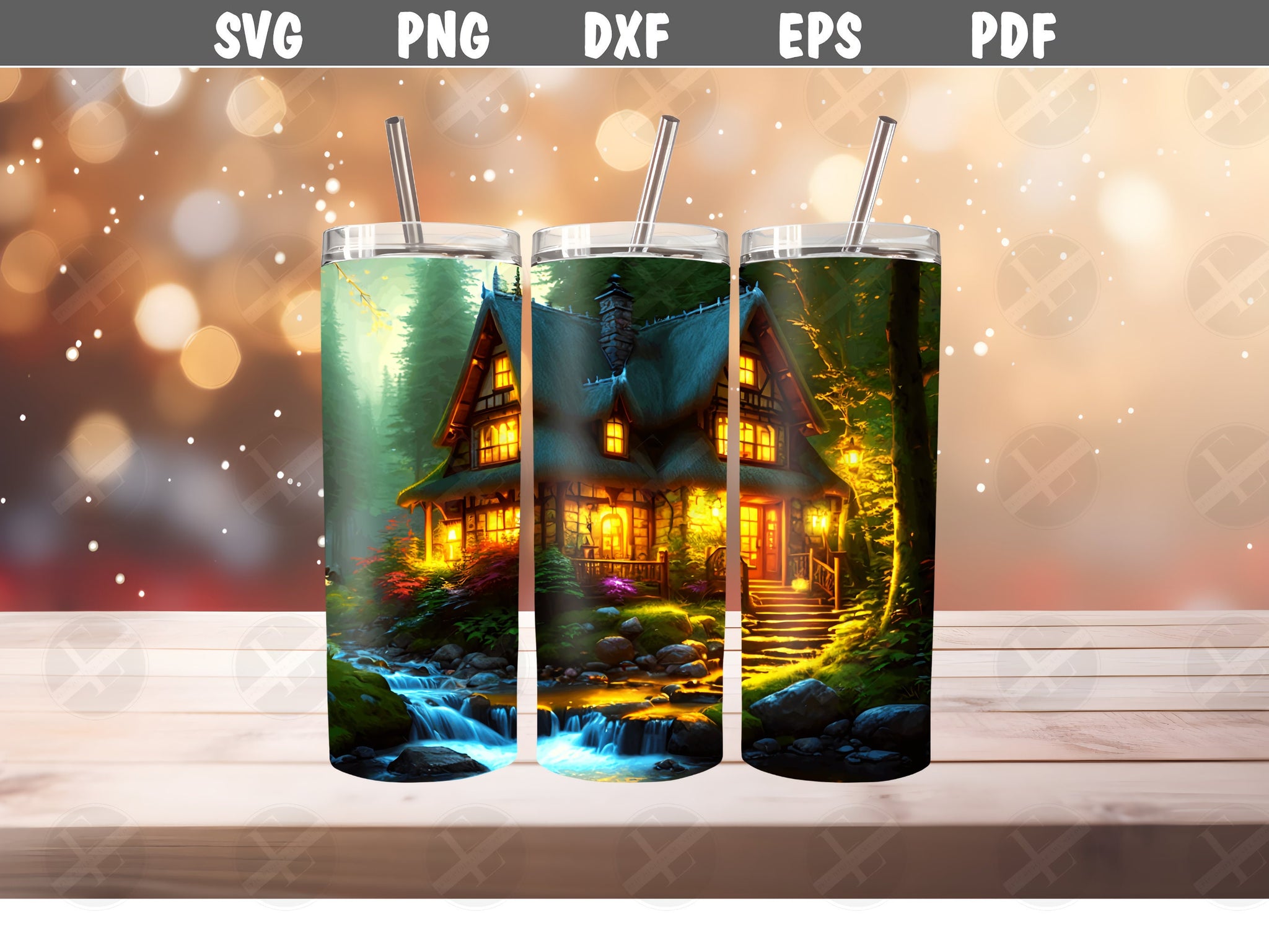 Tumbler Wraps Design - Forest Cottage Skinny Tumbler Wrap Design - Ideal Tumbler Sublimation Designs Straight & Tapered - Instant Download