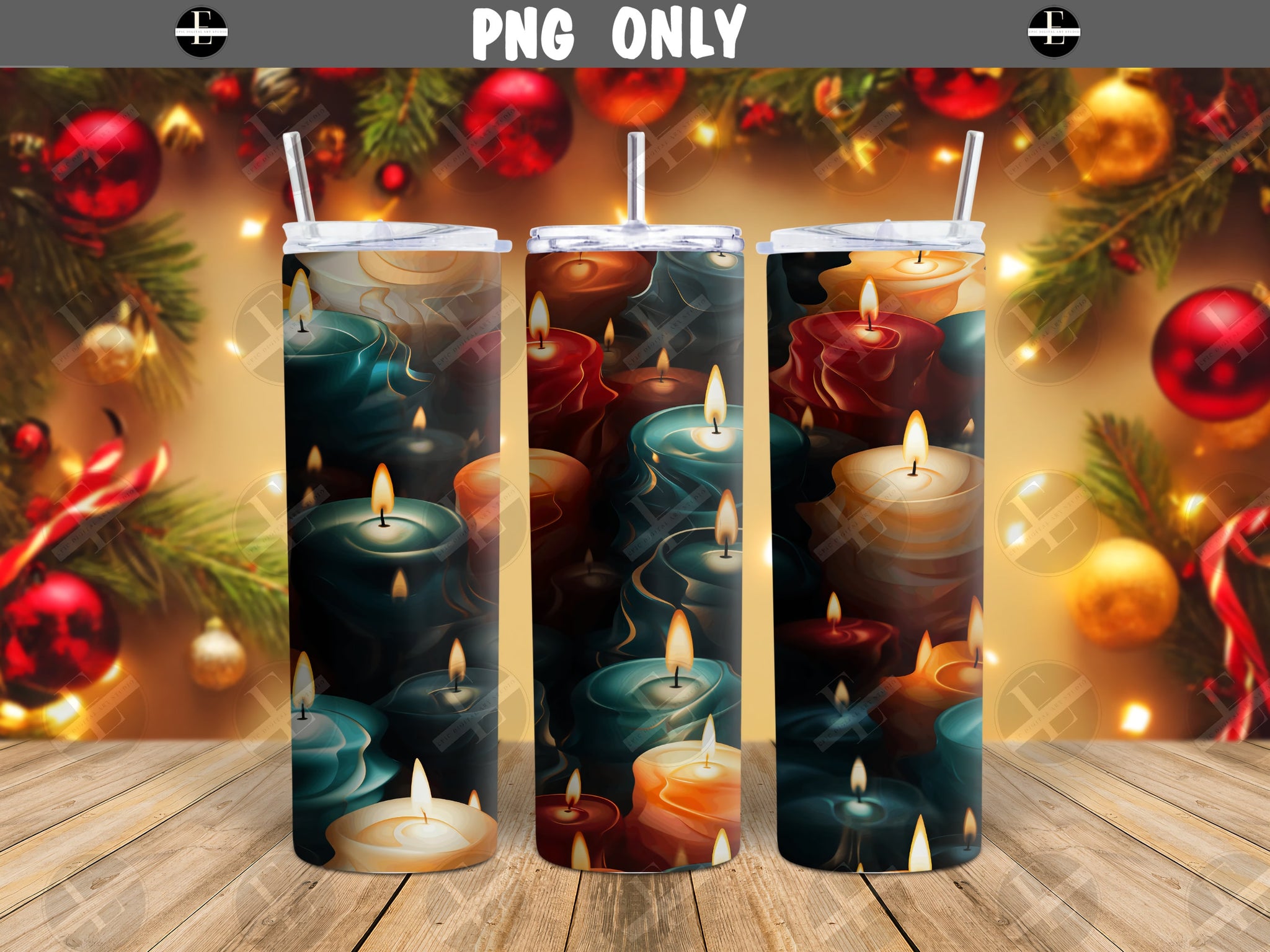 3D Tumbler Wraps - Christmas Candles Tumbler Wraps - Skinny Tumbler Wrap Design - Sublimation Designs Straight & Tapered - Instant Download