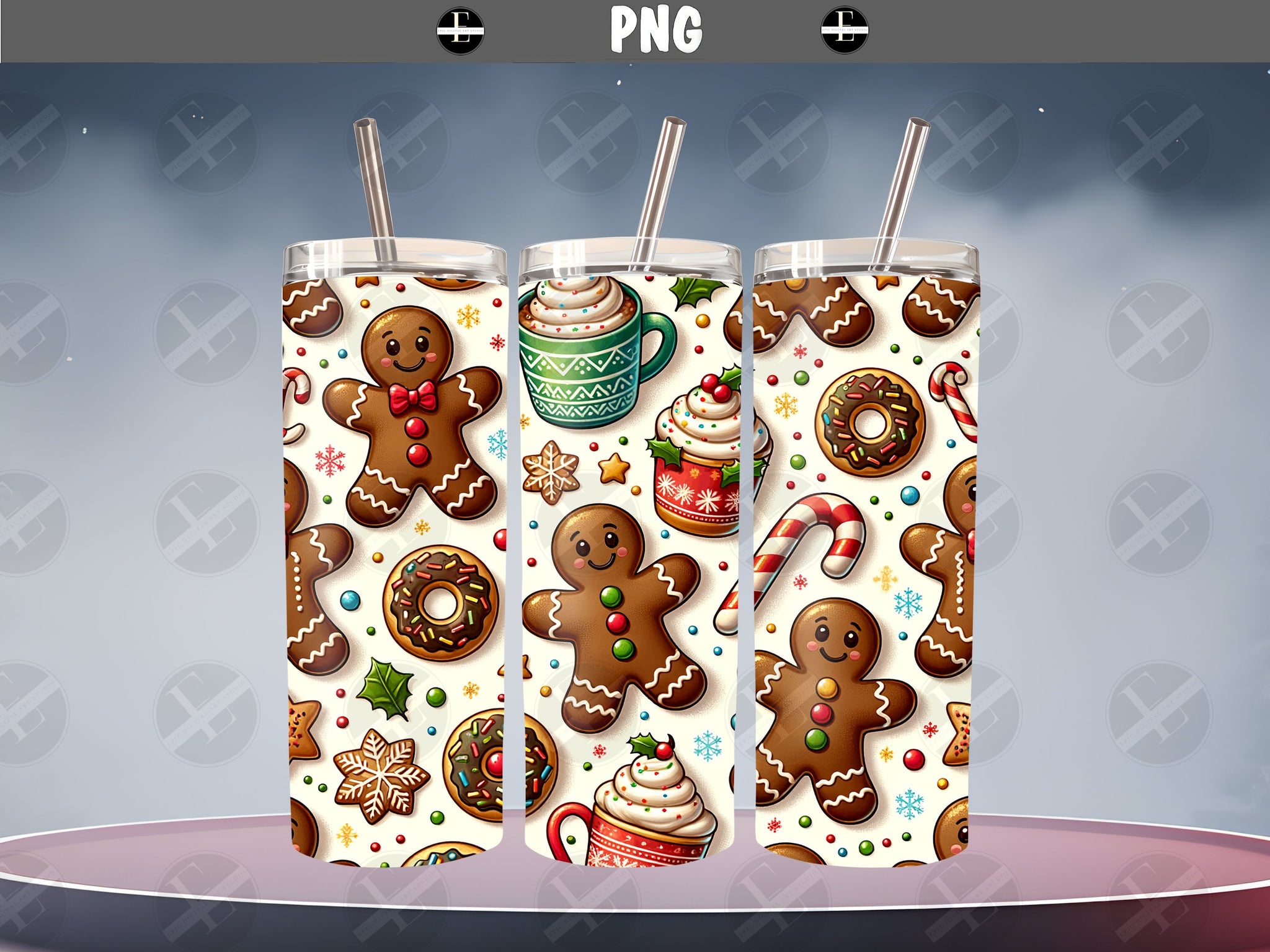 Christmas Tumbler Wraps - Gingerbread Man and Donuts Skinny Tumbler Wrap - Tumbler Sublimation Designs Straight & Tapered - Instant Download