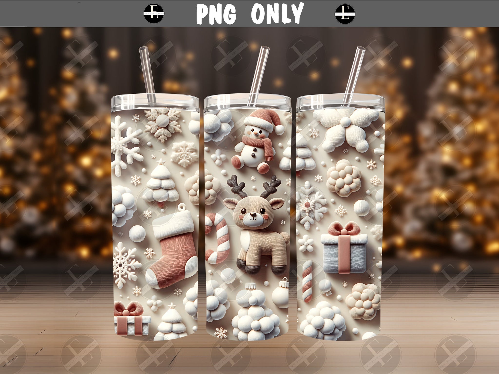 Inflated Tumbler Wraps - Christmas Puff Skinny Tumbler Wrap Design - Tumbler Sublimation Designs Straight & Tapered - Instant Download
