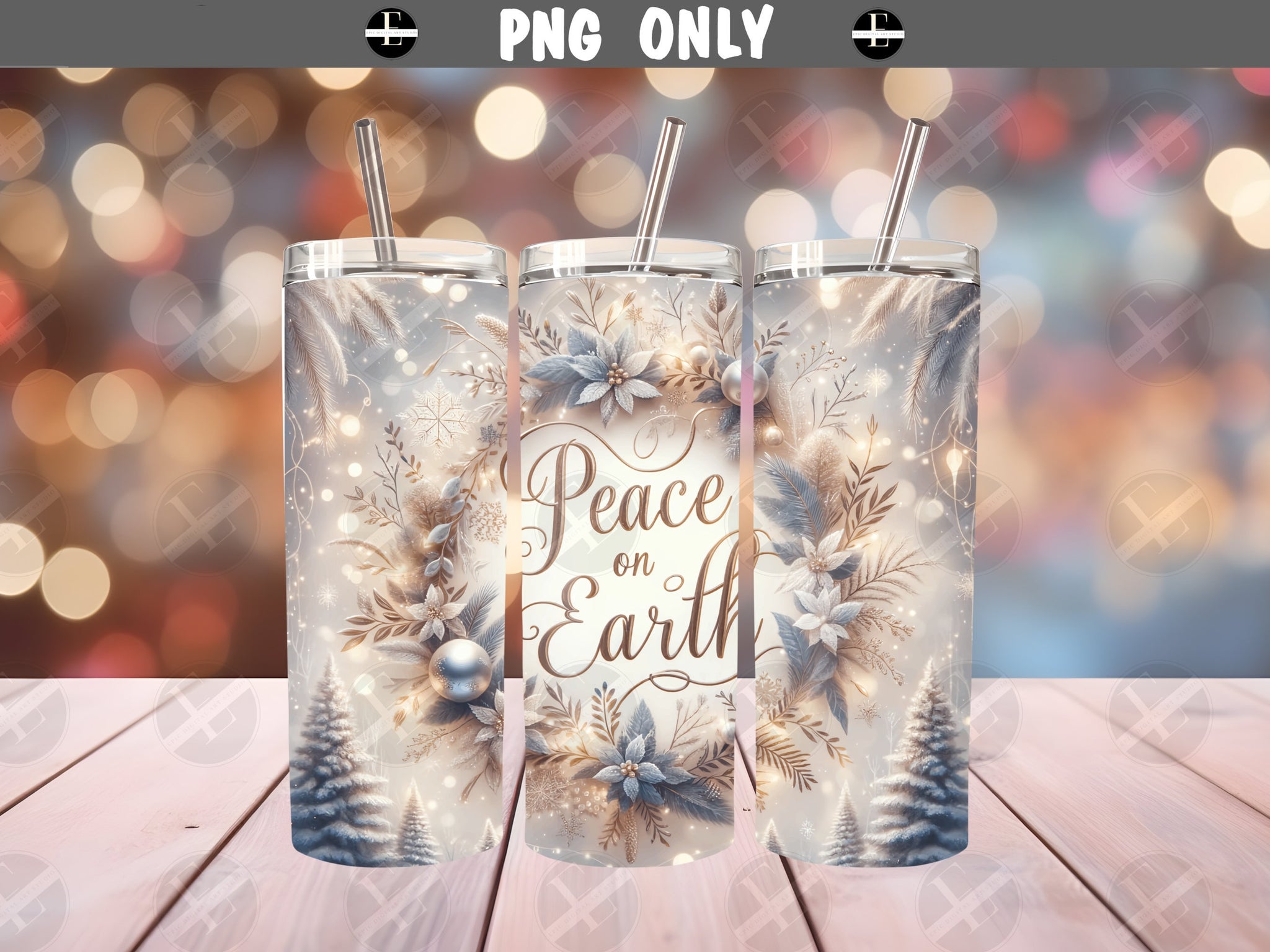 Tumbler Sublimation Designs - Christmas Tumbler Wraps - Peace on Earth Skinny Tumbler Design - Straight & Tapered - Instant Download