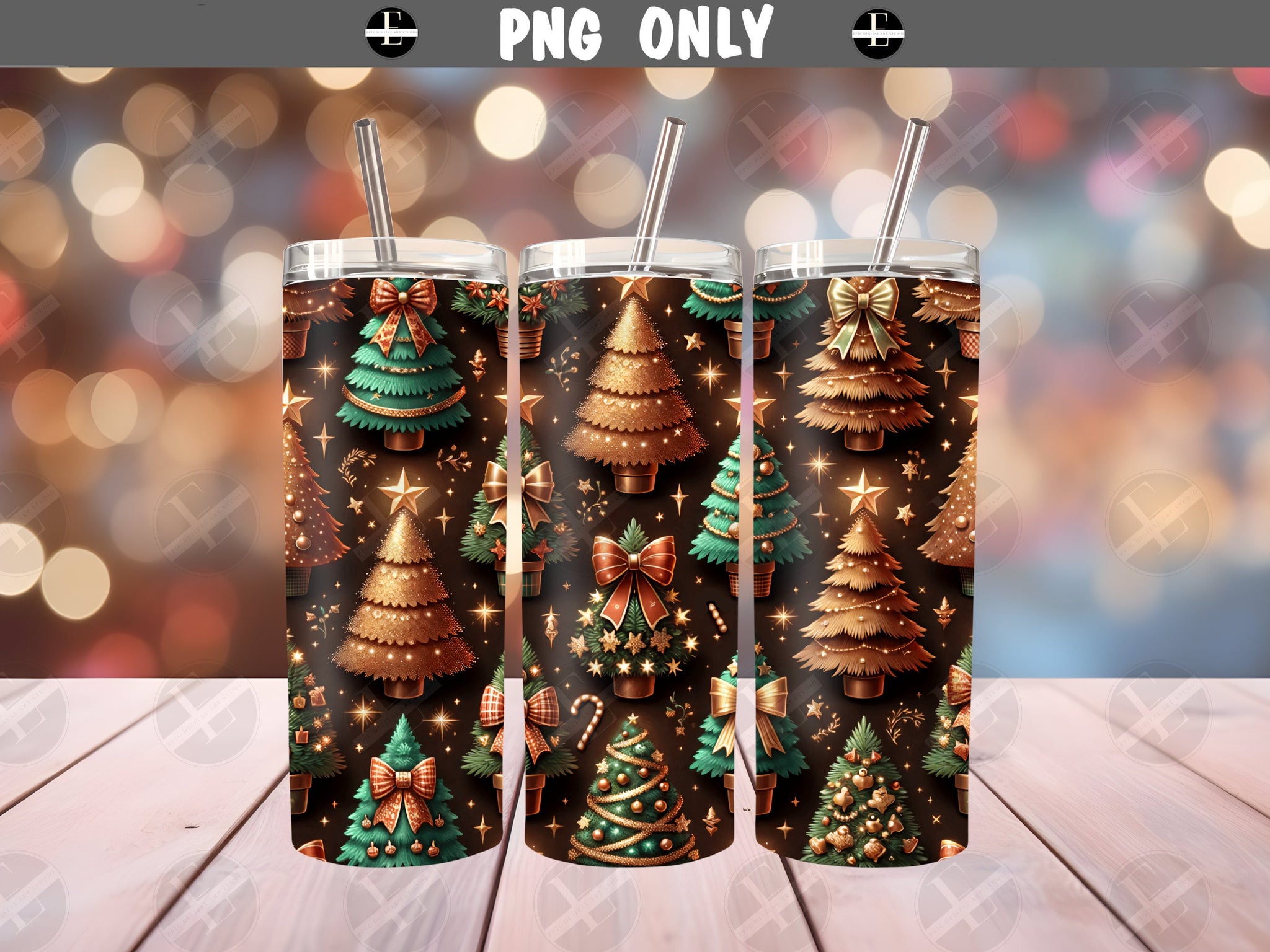 Tumbler Wraps - Gold Christmas Trees Skinny Tumbler Design - Tumbler Sublimation Designs Straight & Tapered - Instant Download