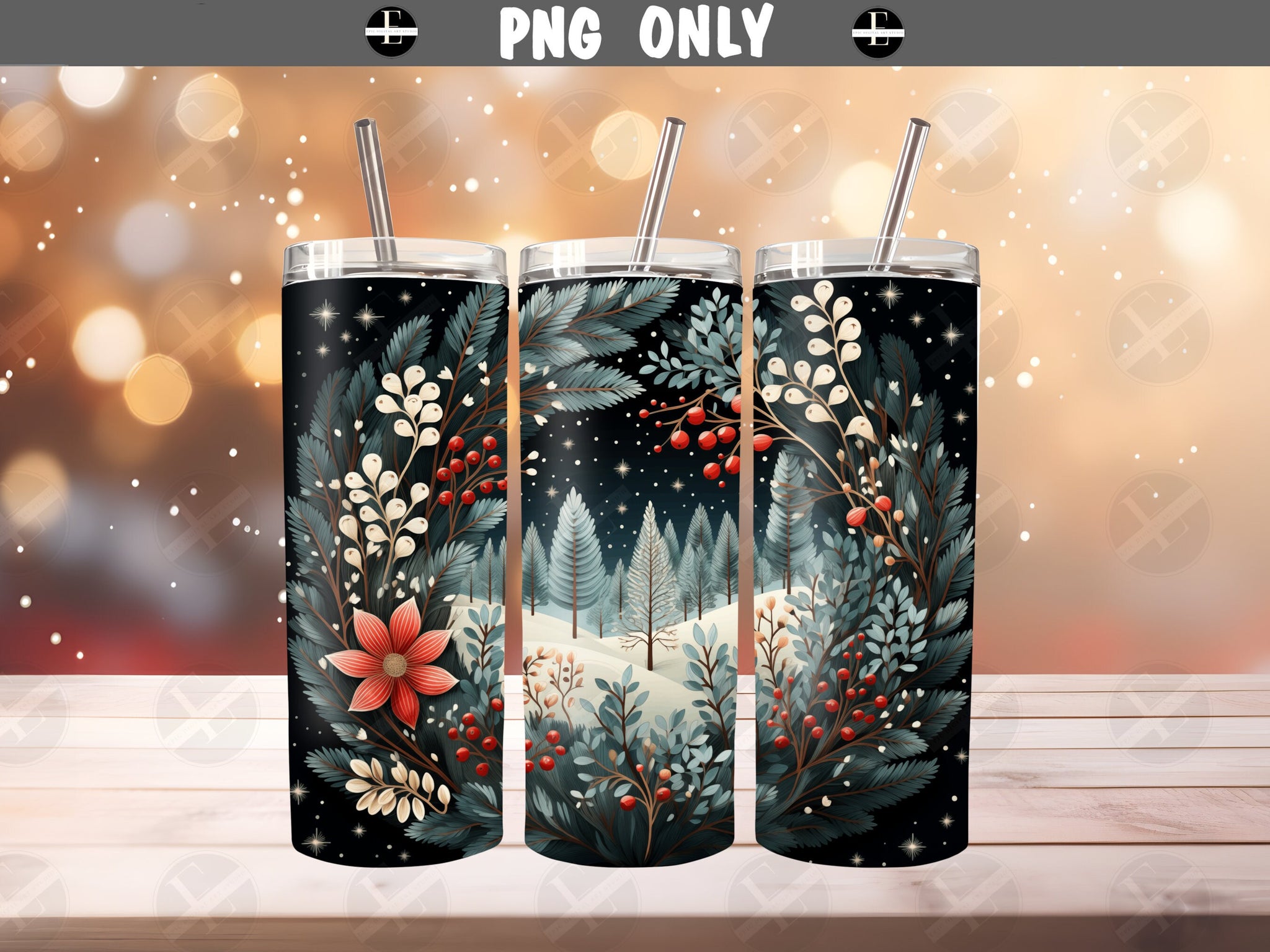 Christmas Tumbler Wraps - Christmas Wreath Tumbler Wrap - Ideal Tumbler Sublimation Designs Straight & Tapered - Instant Download