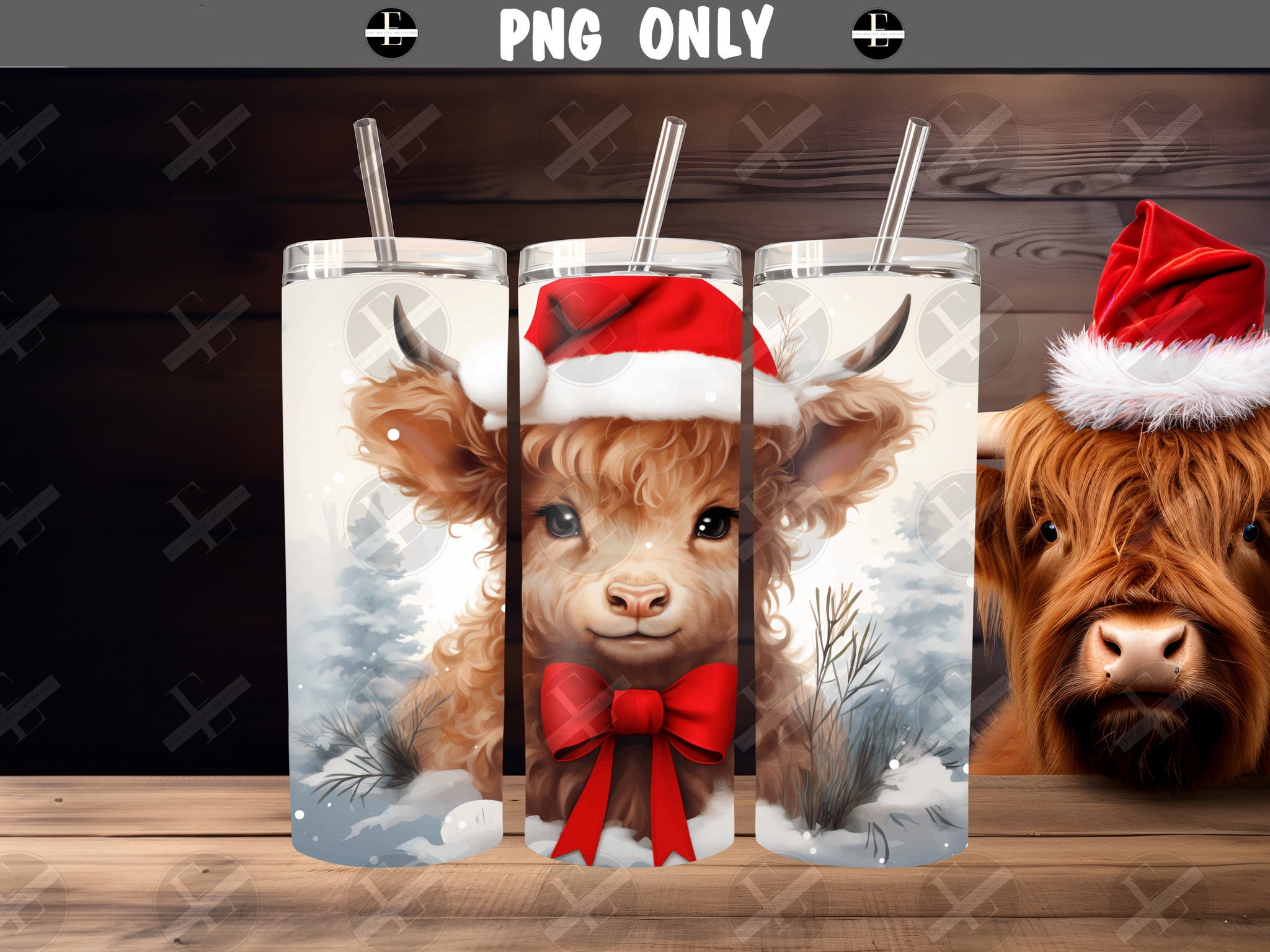 Highland Cow Skinny Tumbler Wrap Design - Christmas Tumbler Wraps - Ideal Tumbler Sublimation Designs Straight & Tapered - Instant Download