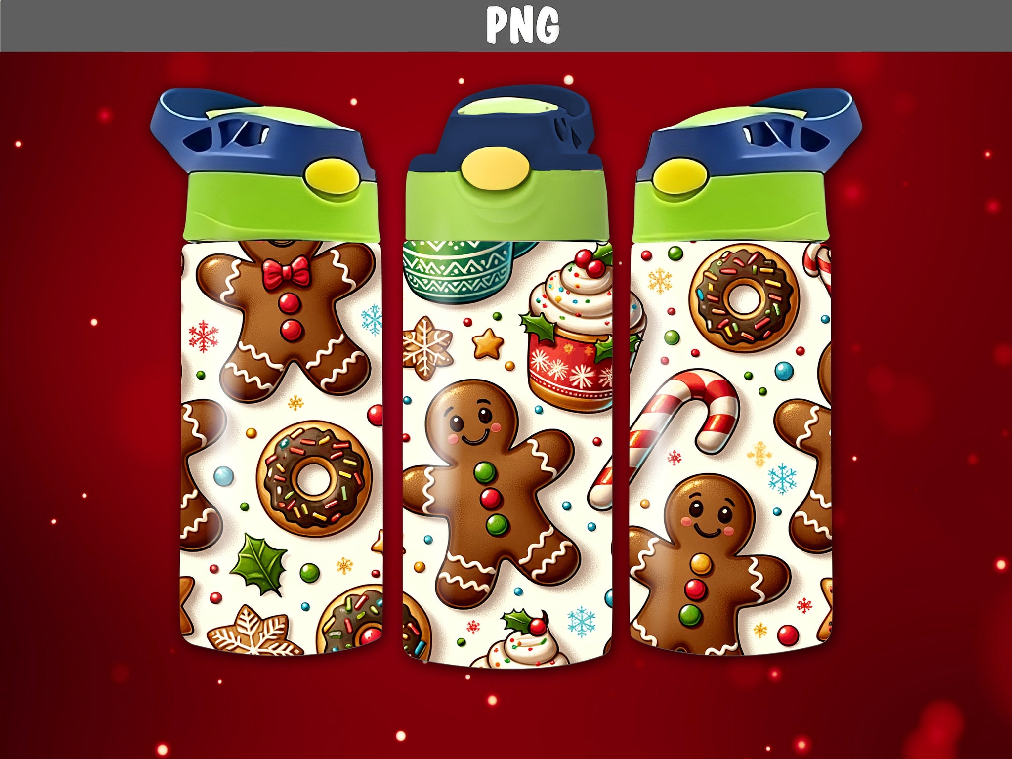 Christmas Tumbler Wraps - Gingerbread Man and Donuts Sippy Cup Tumbler Wrap - Tumbler Sublimation Design for Kids - Instant Download