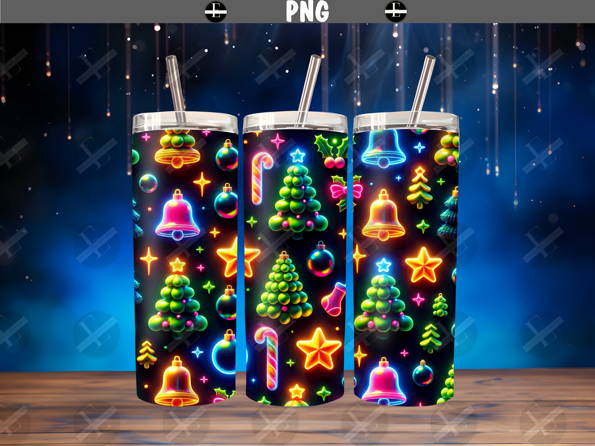 Christmas Tumbler Wraps - Christmas Neon Pattern Skinny Tumbler Wrap - Tumbler Sublimation Designs Straight & Tapered - Instant Download