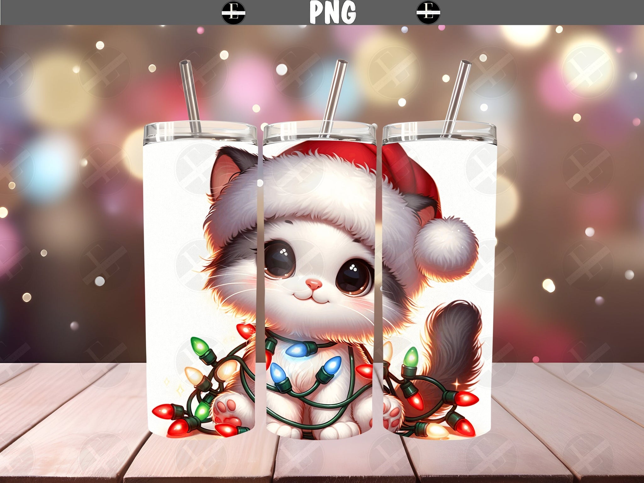 christmas tumbler wraps, christmas kitten in hat and christmas lights, skinny tumbler wrap christmas kitten, 20 oz