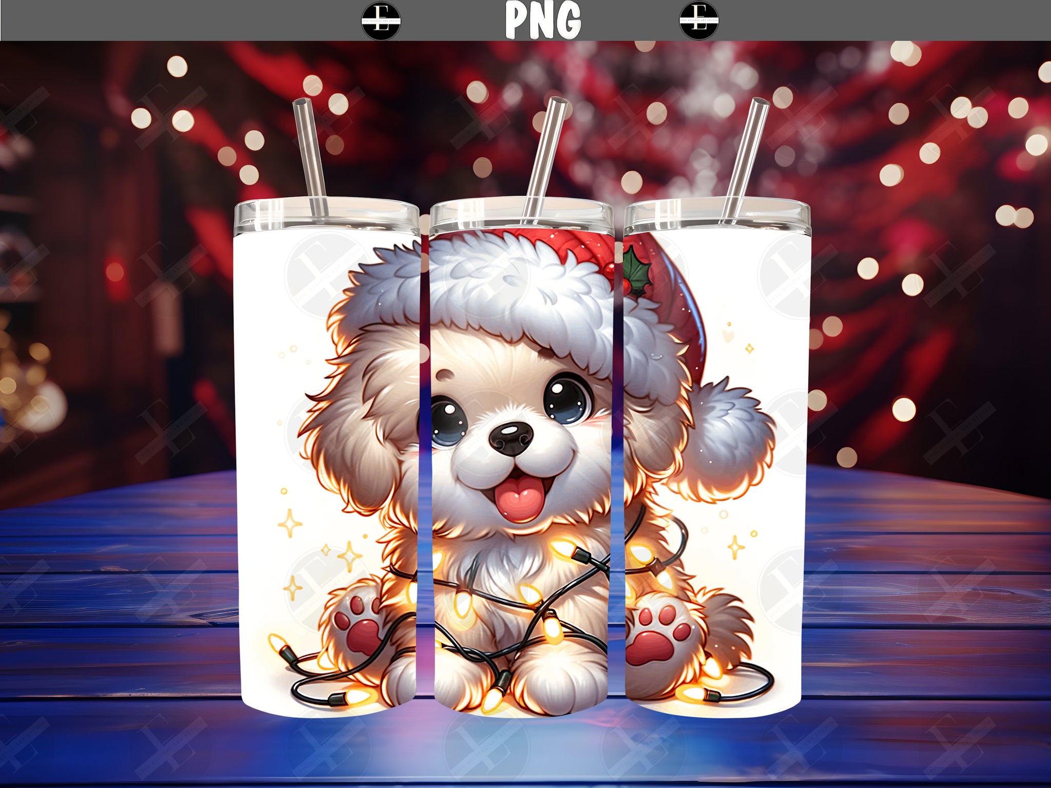Christmas Tumbler Wraps - Puppy in Hat and Lights Skinny Tumbler Wrap - Tumbler Sublimation Designs Straight & Tapered - Instant Download