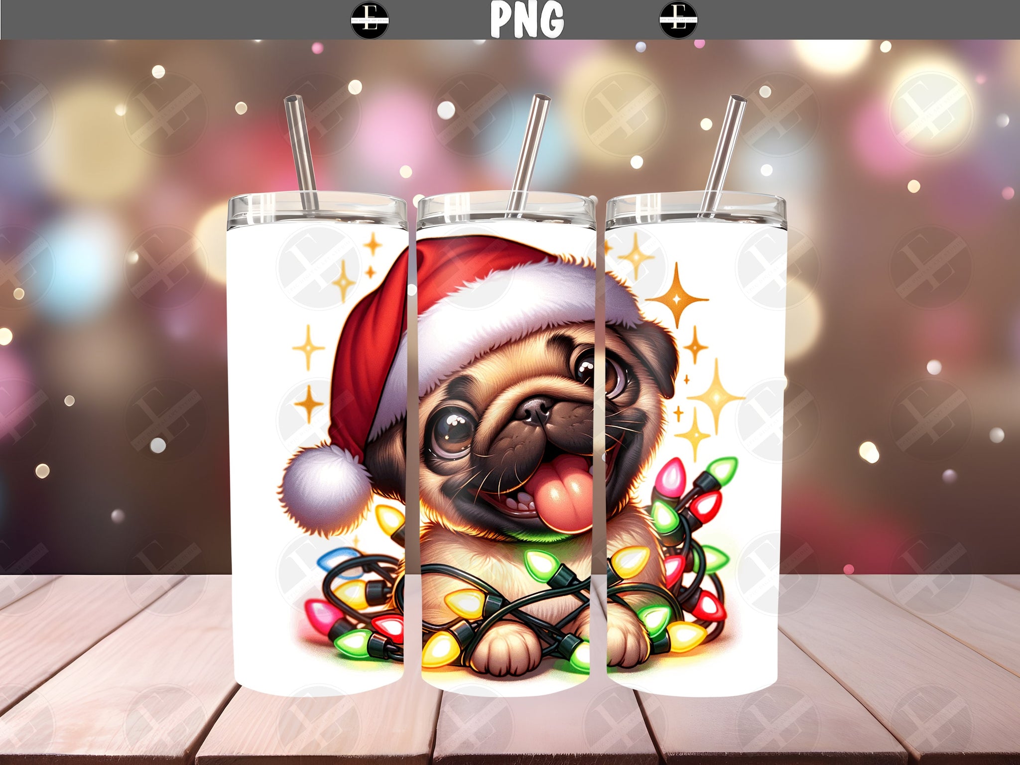 Christmas Tumbler Wraps - Pug Puppy in Hat Skinny Tumbler Wrap - Tumbler Sublimation Designs Straight & Tapered - Instant Download