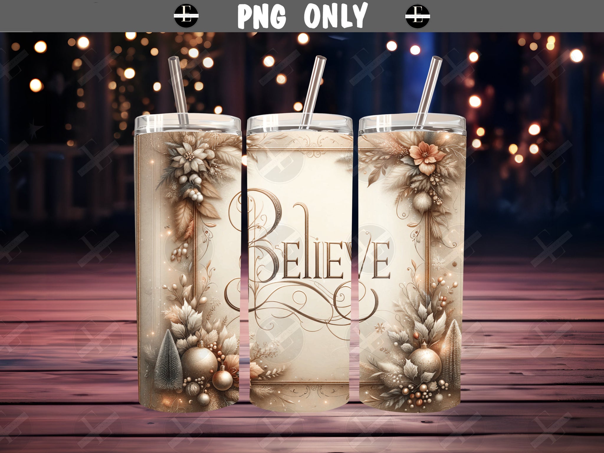 Christmas Tumbler Wraps - Believe Skinny Tumbler Design - Tumbler Sublimation Designs Straight & Tapered - Instant Download