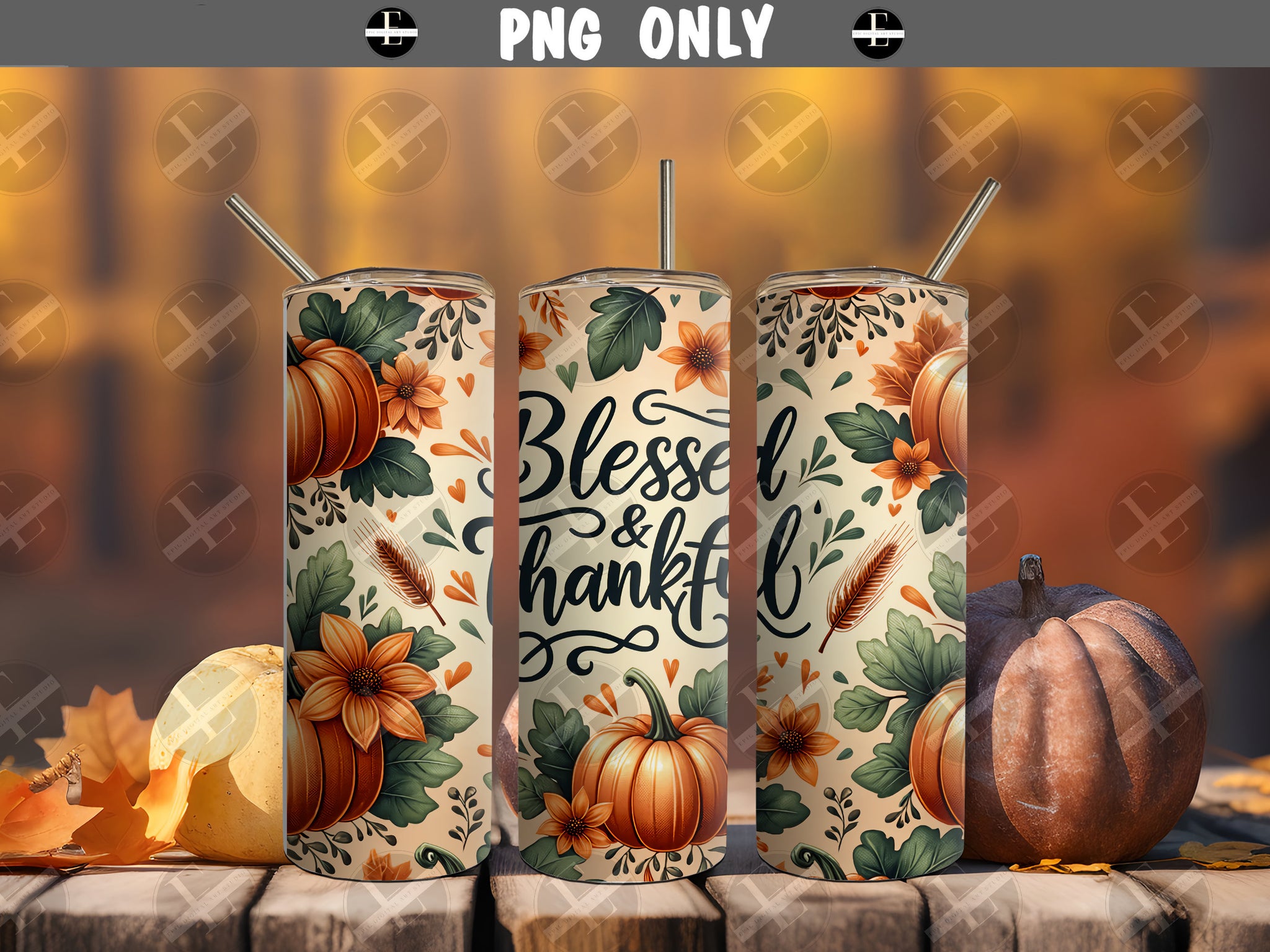 Thanksgiving Tumbler Wraps - Blessed & Thankful Tumbler Wrap Design - Tumbler Sublimation Designs Straight and Tapered - Instant Download