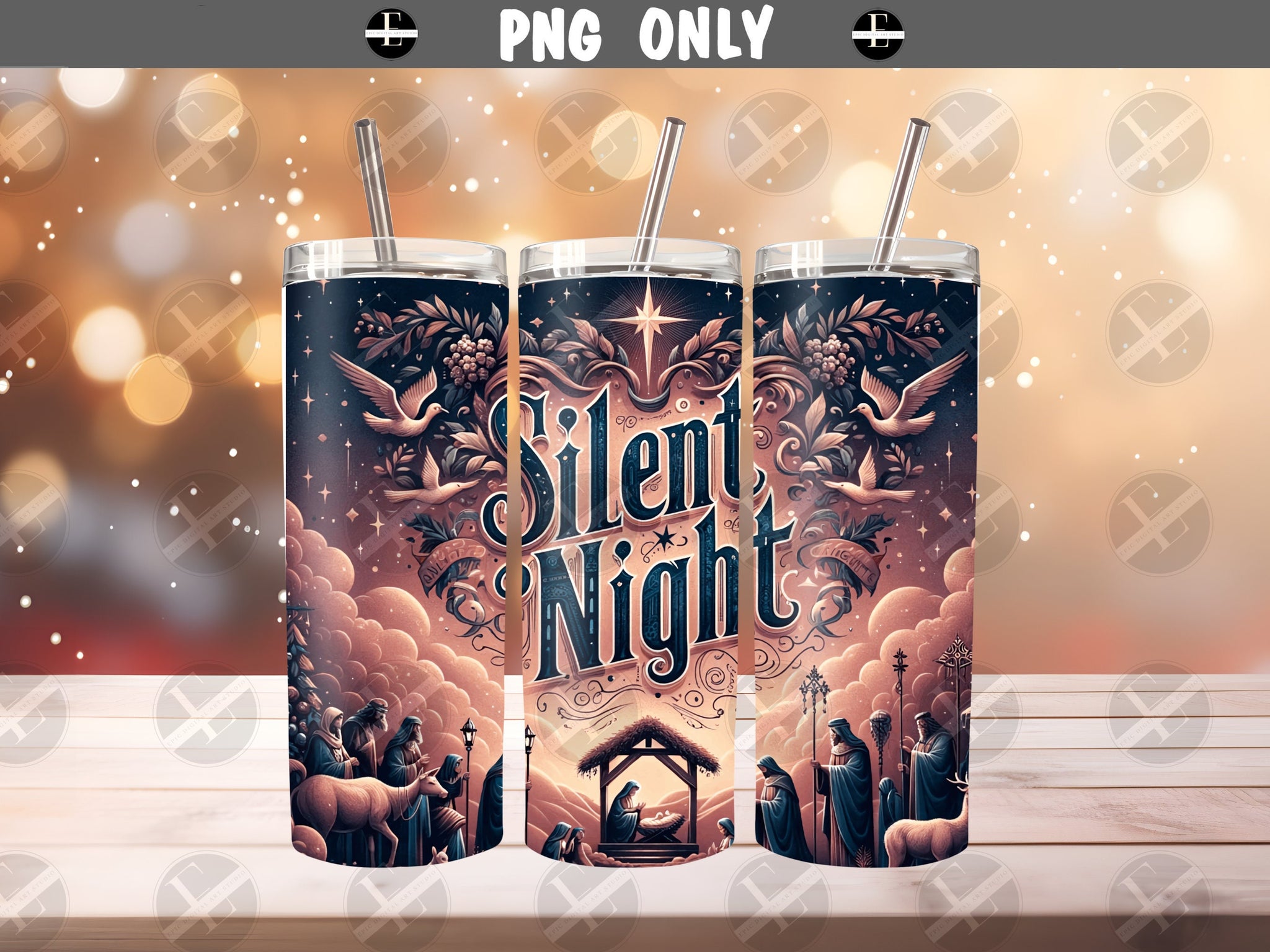 Christmas Tumbler Wraps - Nativity Silent Night Skinny Tumbler Design - Tumbler Sublimation Designs Straight & Tapered - Instant Download