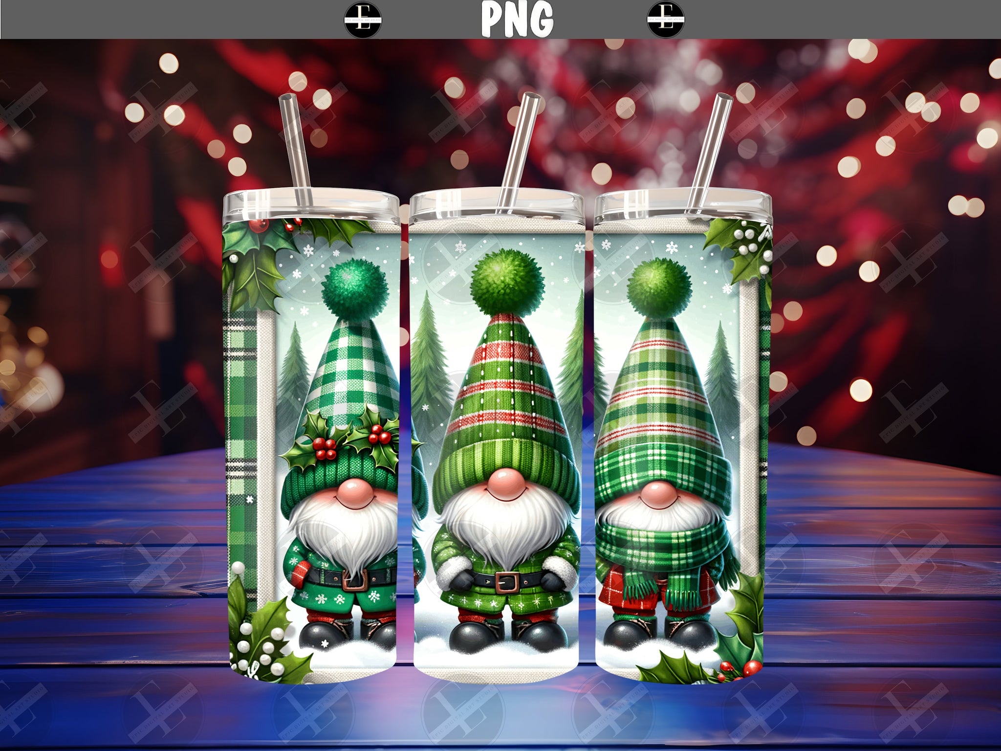 Green Christmas Gnomes Skinny Tumbler Wrap - Christmas Tumbler Wraps - Tumbler Sublimation Designs Straight & Tapered - Instant Download