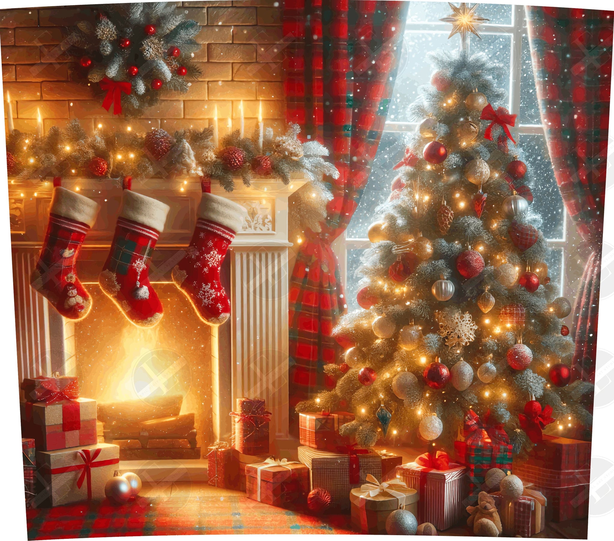 Fireplace Scene Skinny Tumbler Wrap Design - Christmas Tumbler Wraps - Tumbler Sublimation Designs Straight & Tapered - Instant Download