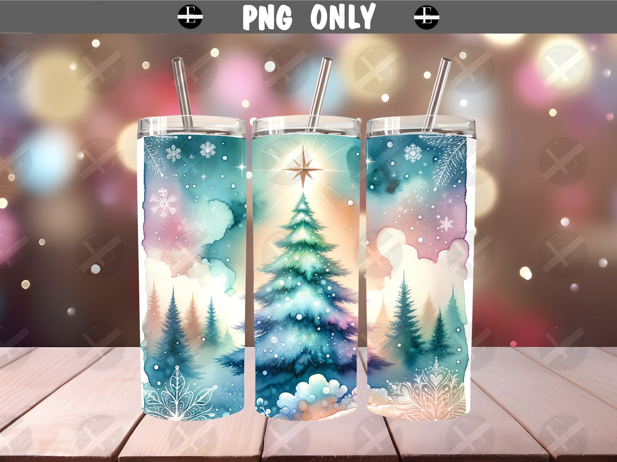 Watercolor Christmas Tree Skinny Tumbler Design - Christmas Tumbler Wrap - Tumbler Sublimation Designs Straight & Tapered - Instant Download