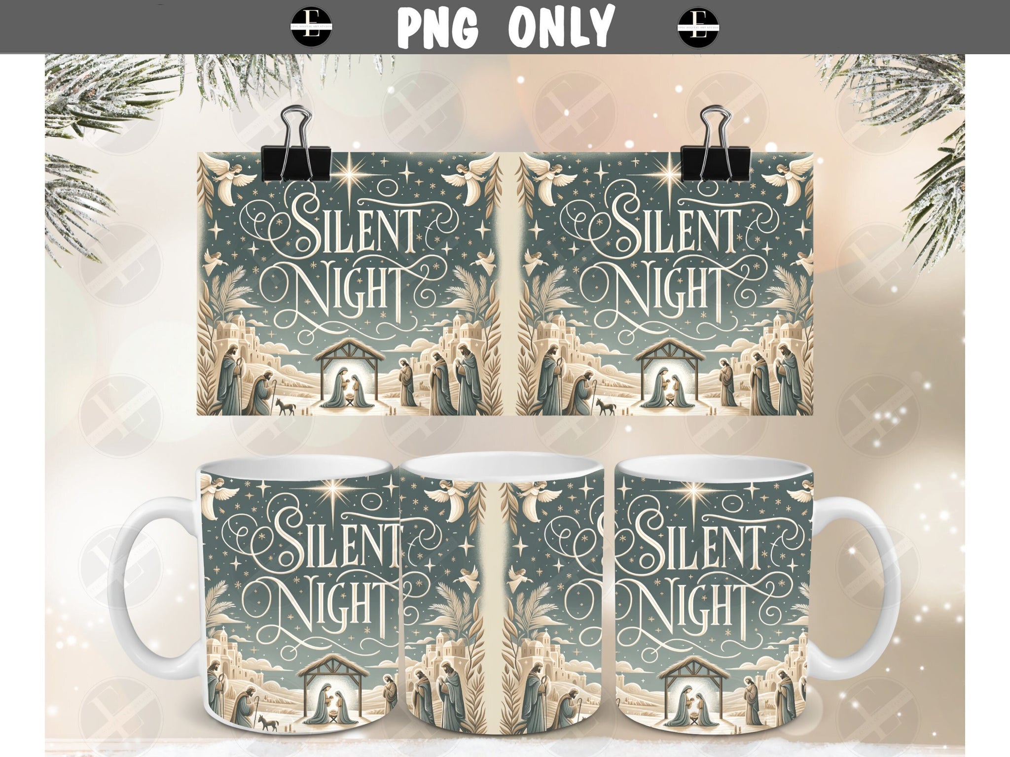 11 oz mug design for sublimation, wrap-around coffee mug silent night christmas mug design image