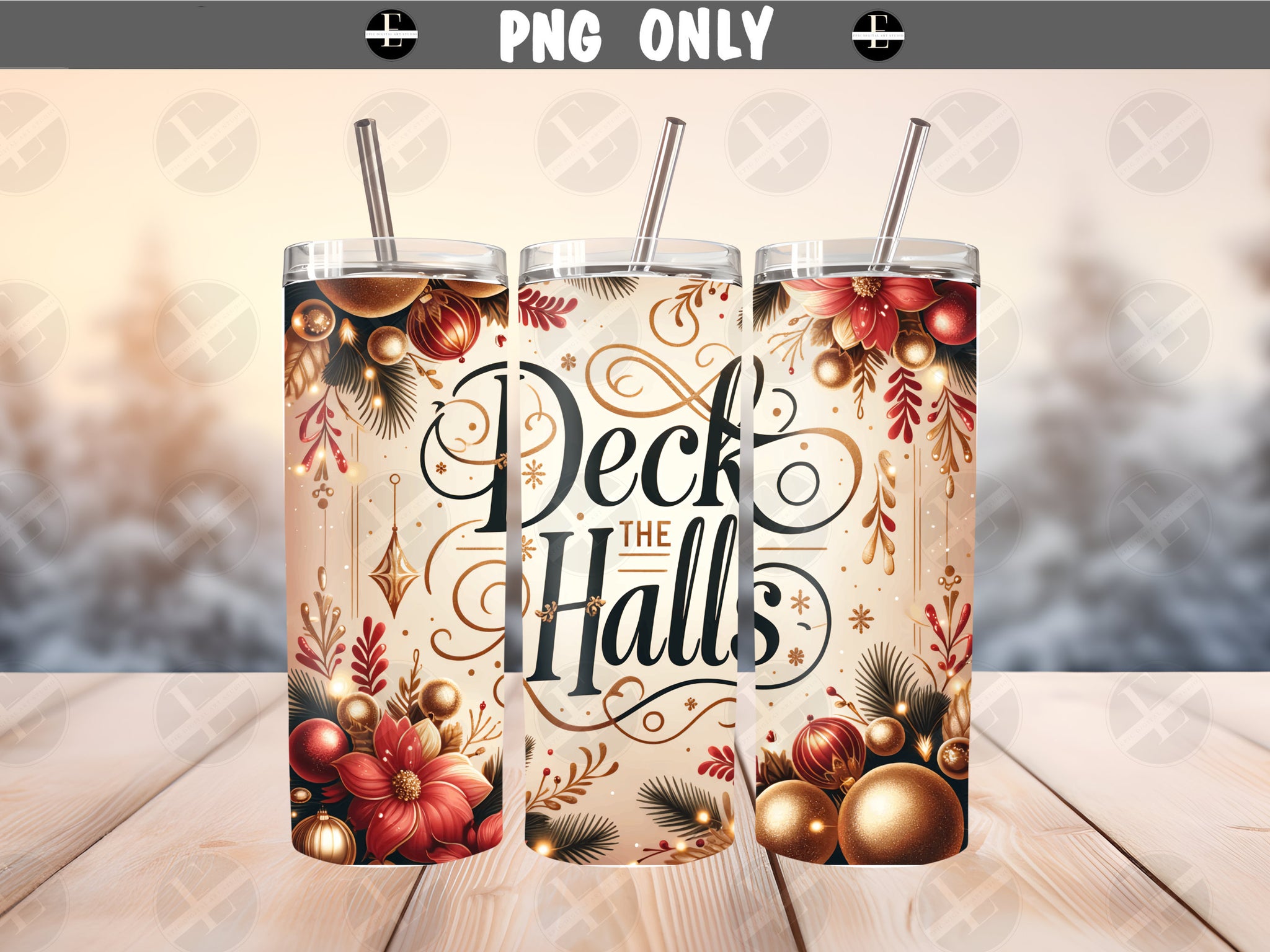 Christmas Tumbler Wraps - Tumbler Sublimation Designs - Deck the Halls Skinny Tumbler Design - Straight & Tapered - Instant Download