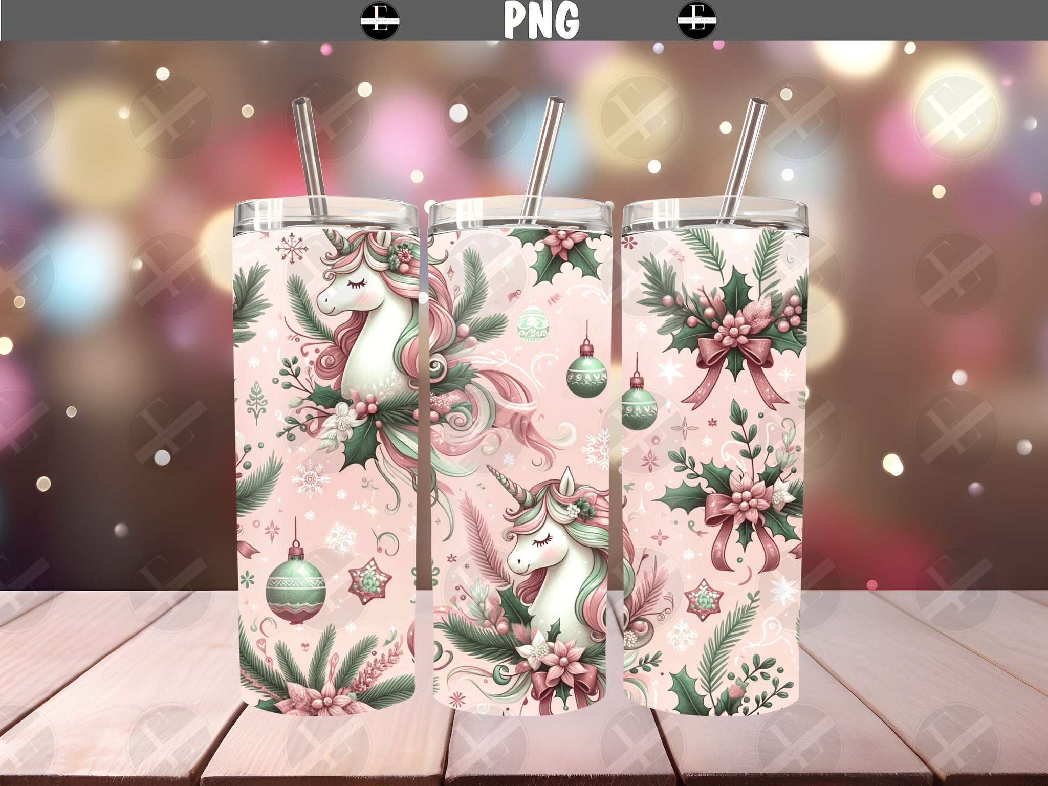 Christmas Tumbler Wraps - Christmas Pink Unicorn Skinny Tumbler Wrap - Tumbler Sublimation Designs Straight & Tapered - Instant Download