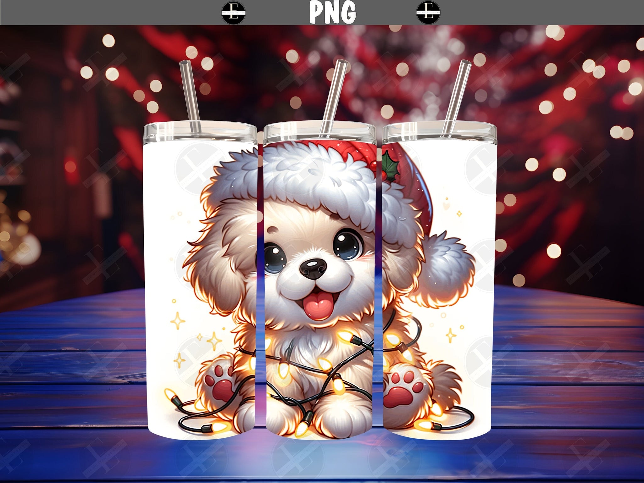 christmas tumbler wraps, christmas puppy wrapped in christmas lights, skinny tumbler design 20 oz