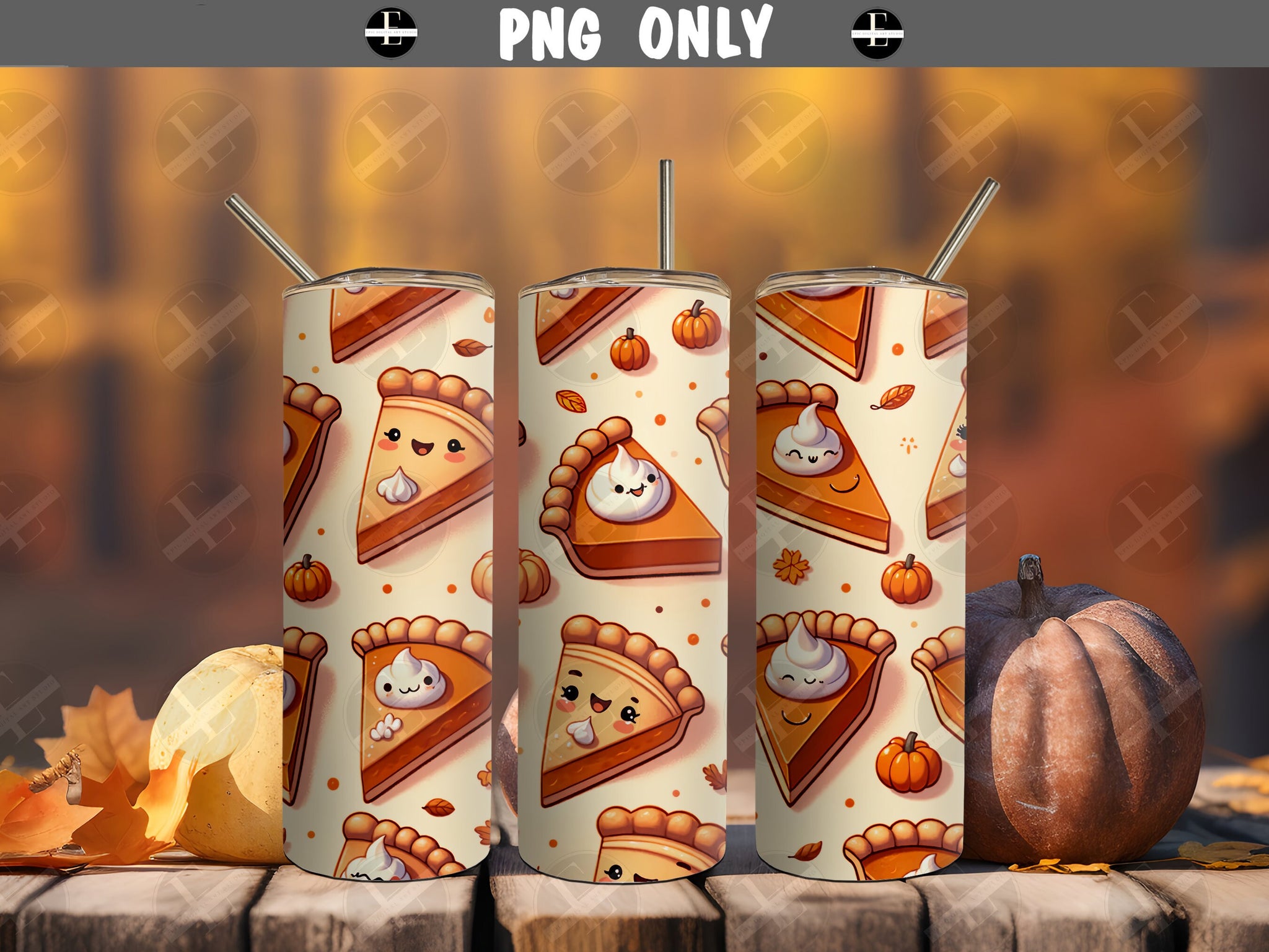 Thanksgiving Tumbler Wrap - Happy Pumpkin Pies Skinny Tumbler Wrap Design - Tumbler Sublimation Design Straight & Tapered - Instant Download