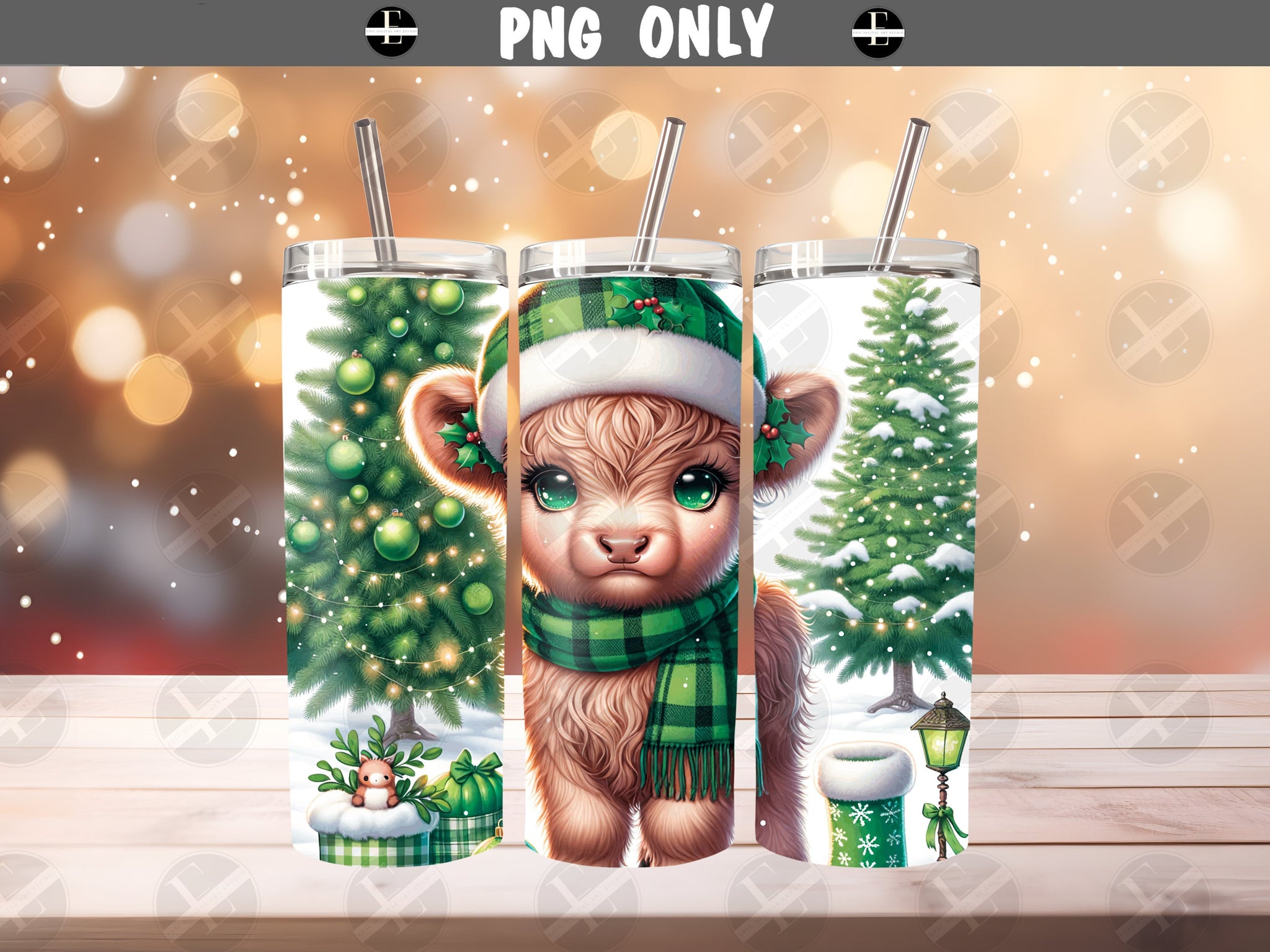 Christmas Tumbler Wraps - Green Highland Cow Tumbler Wrap Design - Ideal Tumbler Sublimation Designs Straight & Tapered - Instant Download