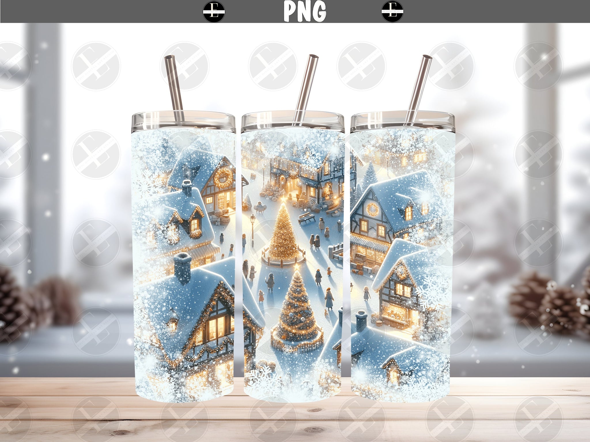 Christmas Village Skinny Tumbler Design - Christmas Tumbler Wraps - Ideal Tumbler Sublimation Designs Straight & Tapered - Instant Download
